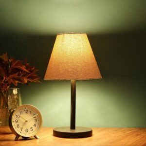 Raven Black Table Lamp Along With Beige Conical Shade For Bedroom, Office And Living Room