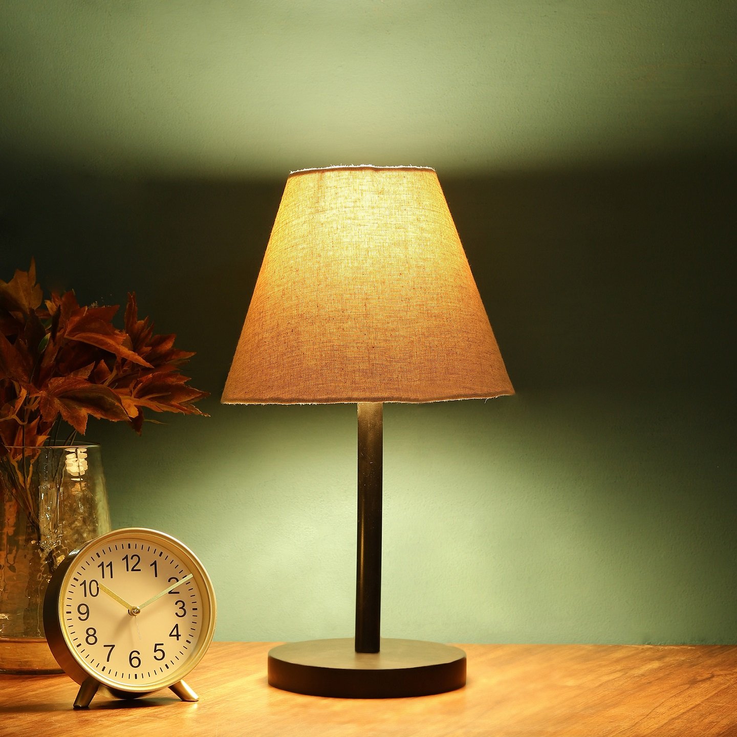 Raven Black Table Lamp Along With Beige Conical Shade For Bedroom, Office And Living Room