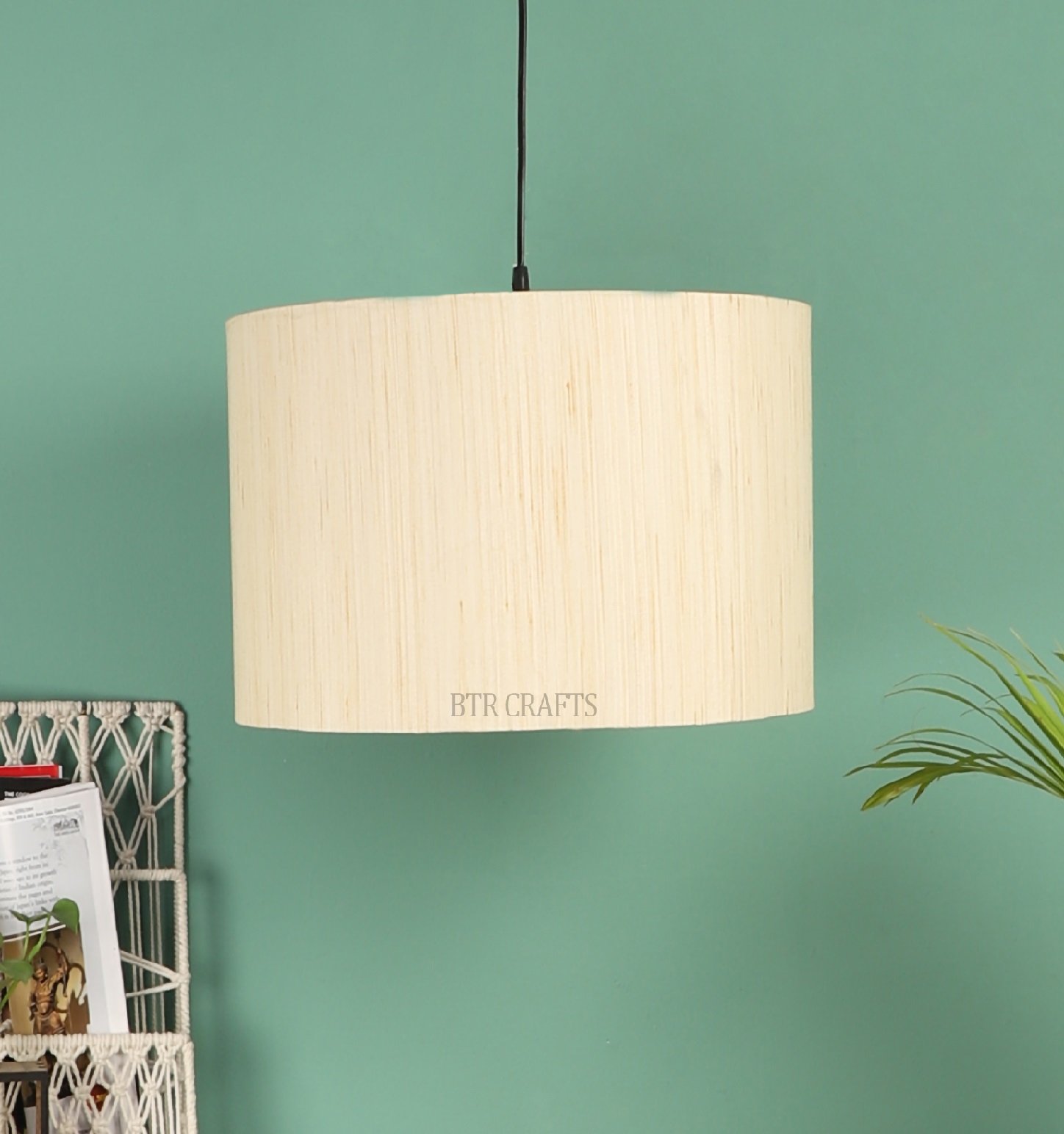 14 Inches Pendant/Hanging Ceiling Light Fixture, Cream Texture Drum Shade for Bedroom, Kitchen, Living Room, Dining Table, Lobby, Kitchen, Black Canopy - Image 2