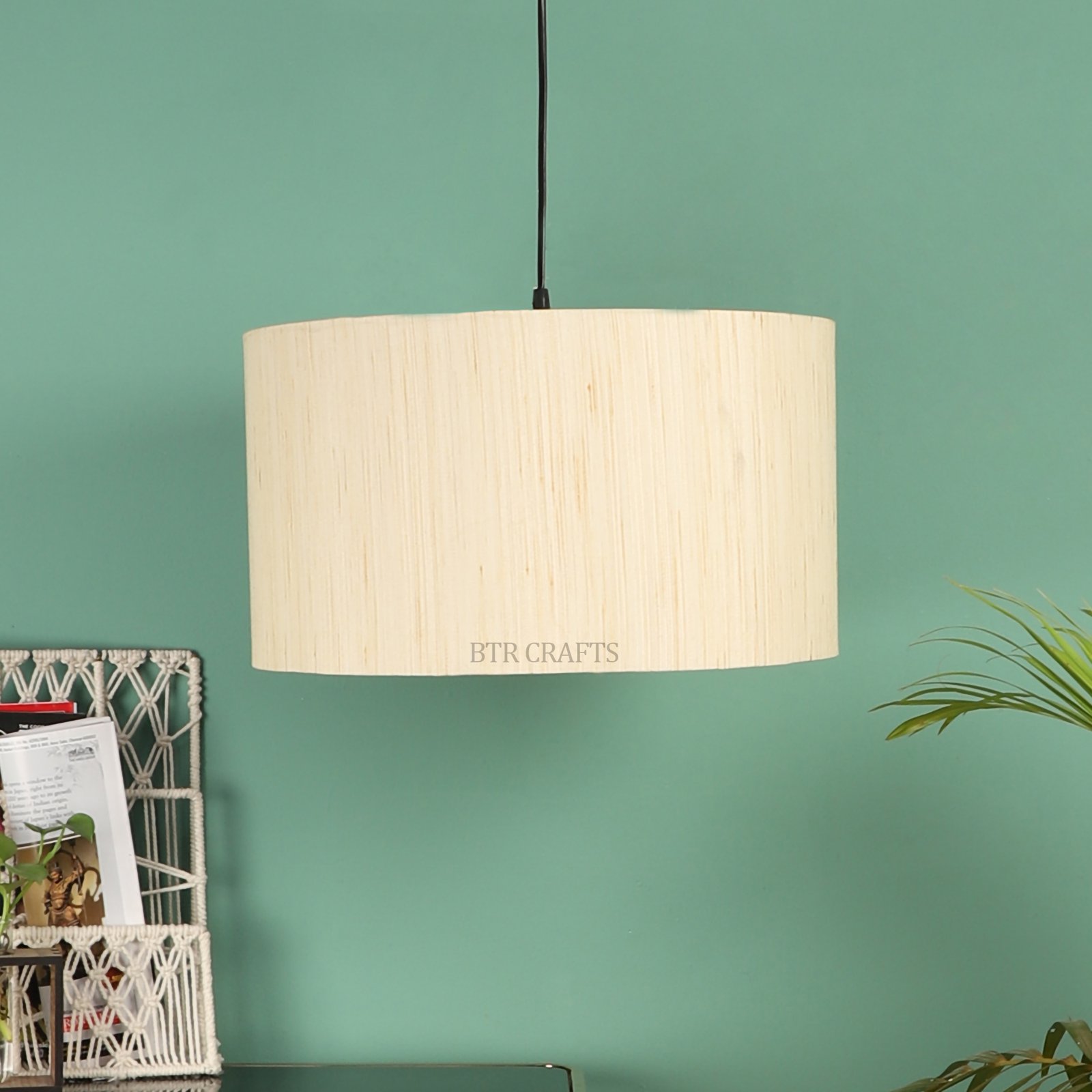 16 Inches Pendant/Hanging Ceiling Light Fixture, Cream Texture Drum Shade for Bedroom, Kitchen, Living Room, Dining Table, Lobby, Kitchen, Black Canopy - Image 2