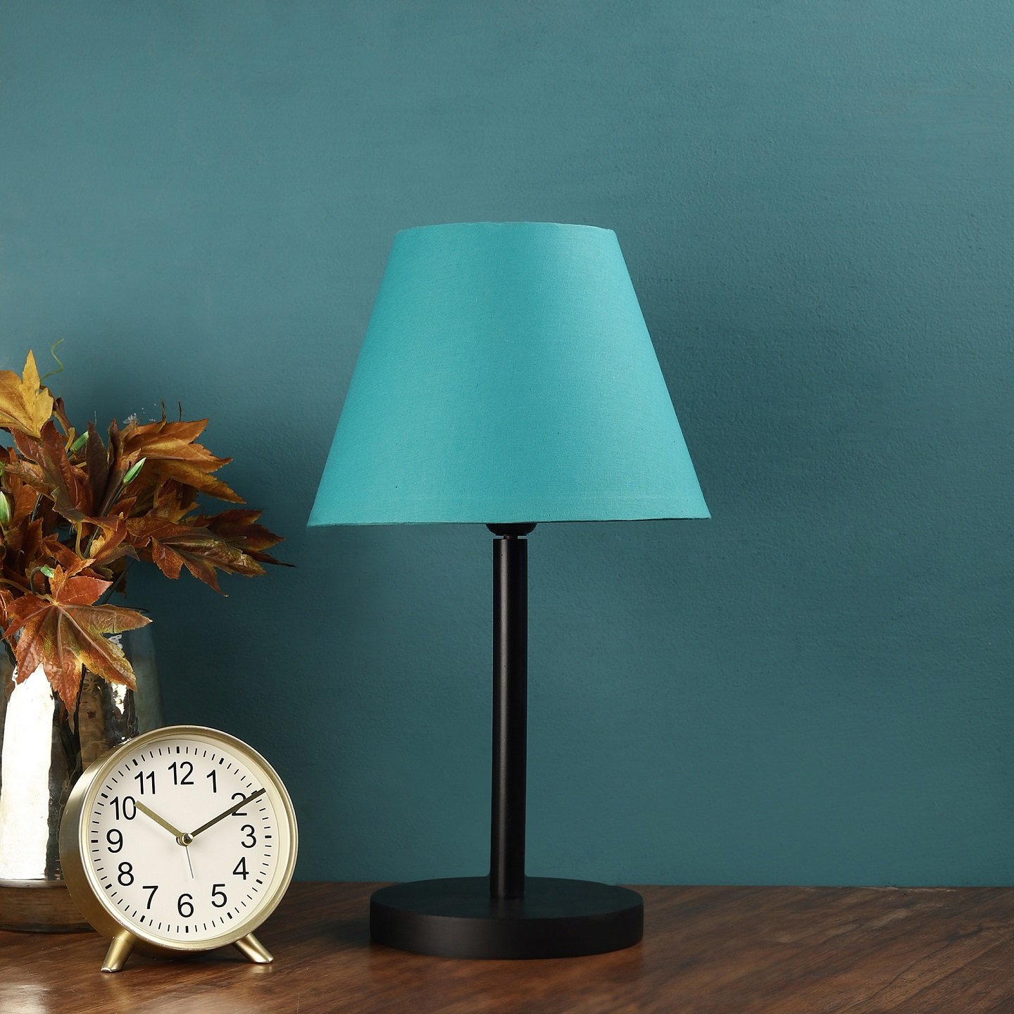 Raven Black Table Lamp Along With Teal Conical Shade For Bedroom, Office And Living Room - Image 2