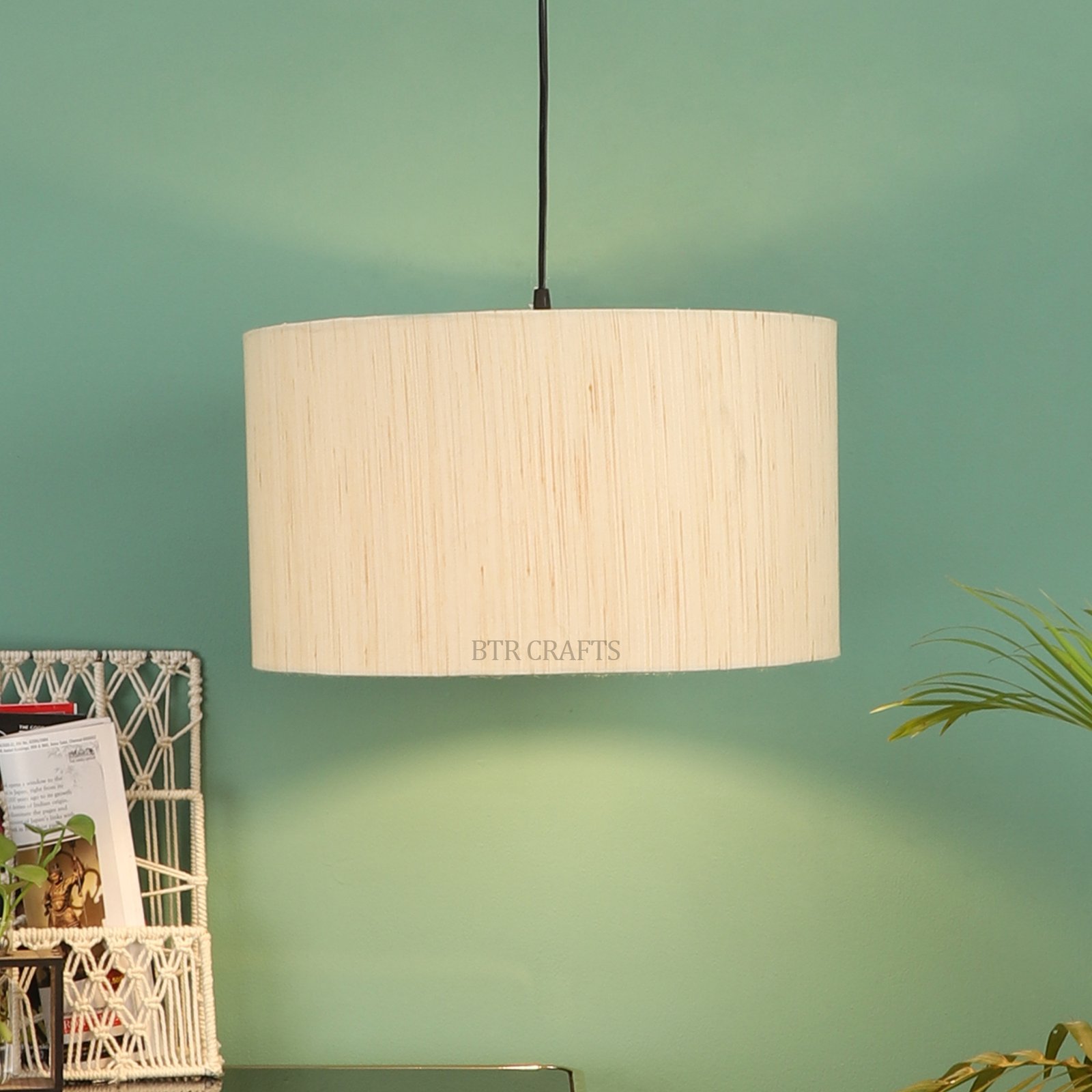18 Inches Pendant/Hanging Ceiling Light Fixture, Cream Texture Drum Shade for Bedroom, Kitchen, Living Room, Dining Table, Lobby, Kitchen, Black Canopy - Image 2