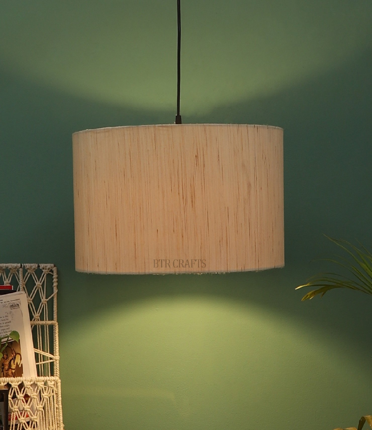 14 Inches Pendant/Hanging Ceiling Light Fixture, Cream Texture Drum Shade for Bedroom, Kitchen, Living Room, Dining Table, Lobby, Kitchen, Black Canopy