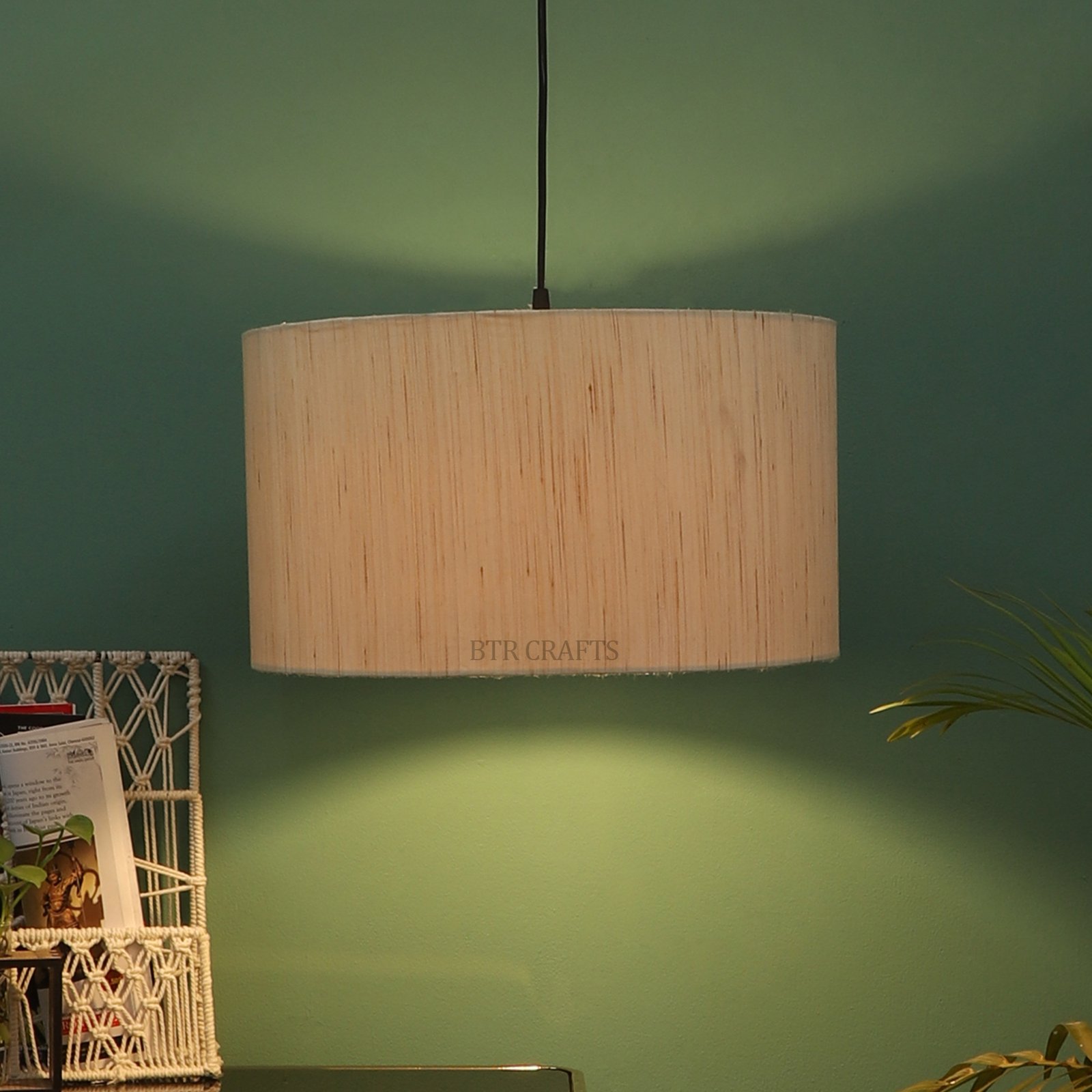 16 Inches Pendant/Hanging Ceiling Light Fixture, Cream Texture Drum Shade for Bedroom, Kitchen, Living Room, Dining Table, Lobby, Kitchen, Black Canopy