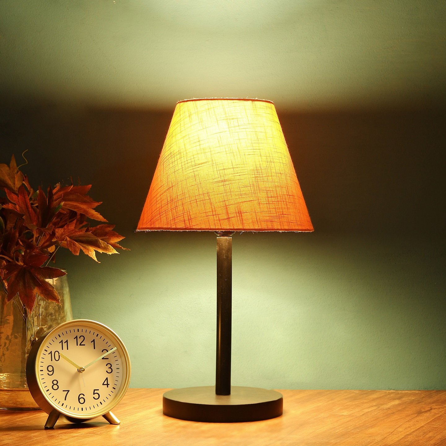 Raven Black Table Lamp Along With Orange Texture Conical Shade For Bedroom, Office And Living Room