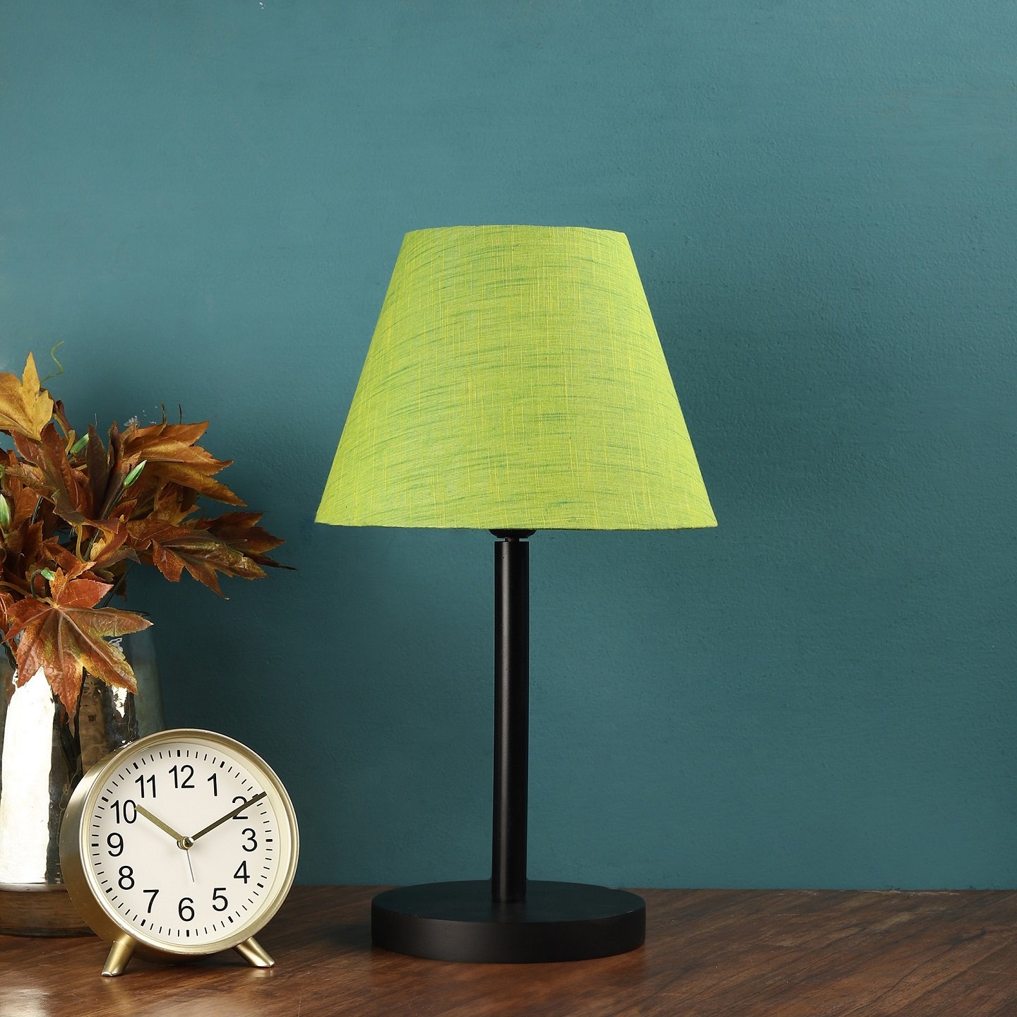 Raven Black Table Lamp Along With Green Texture Conical Shade For Bedroom, Office And Living Room