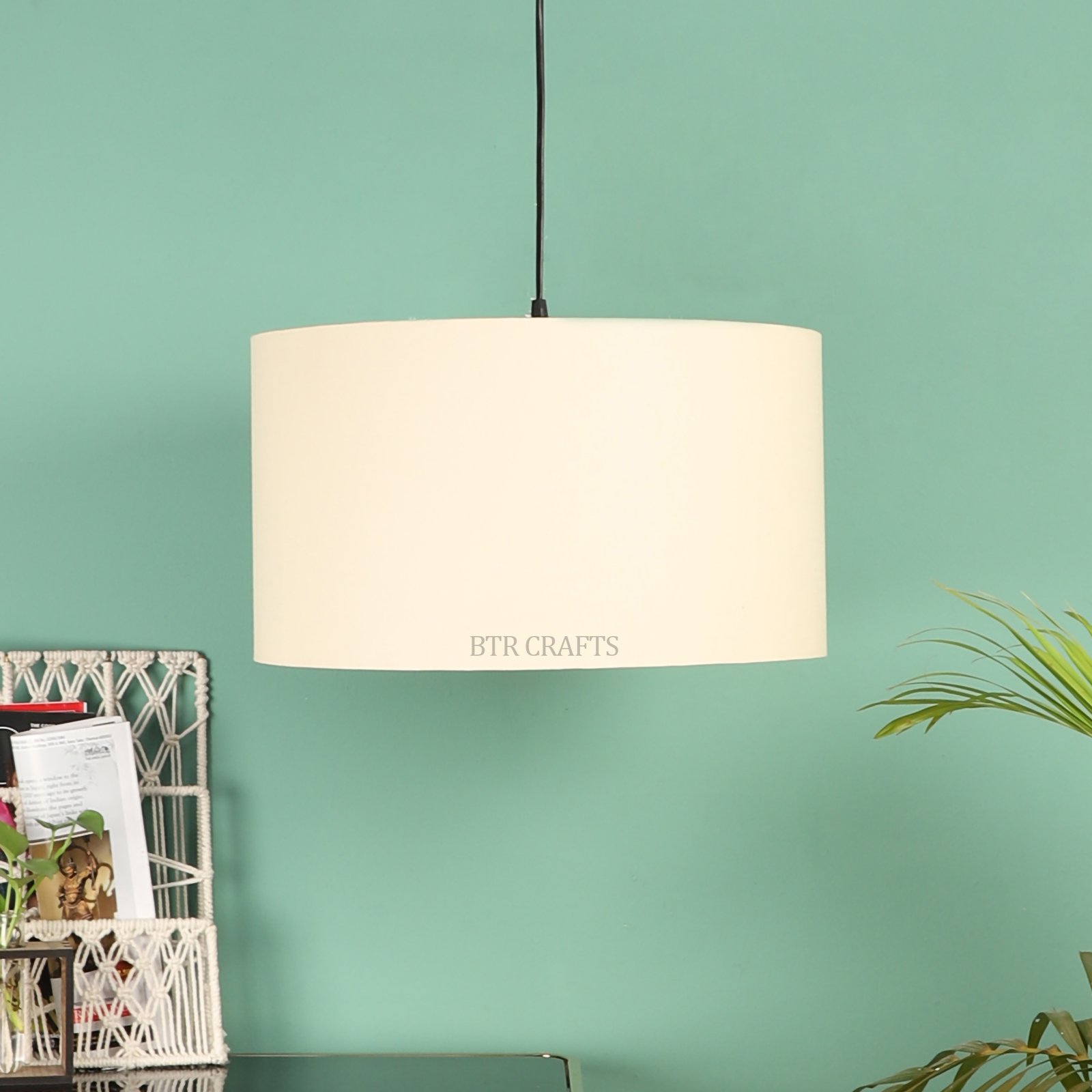20 Inches Pendant/Hanging Ceiling Light Fixture, Cream Drum Shade for Bedroom, Kitchen, Living Room, Dining Table, Lobby, Kitchen, Black Canopy - Image 2