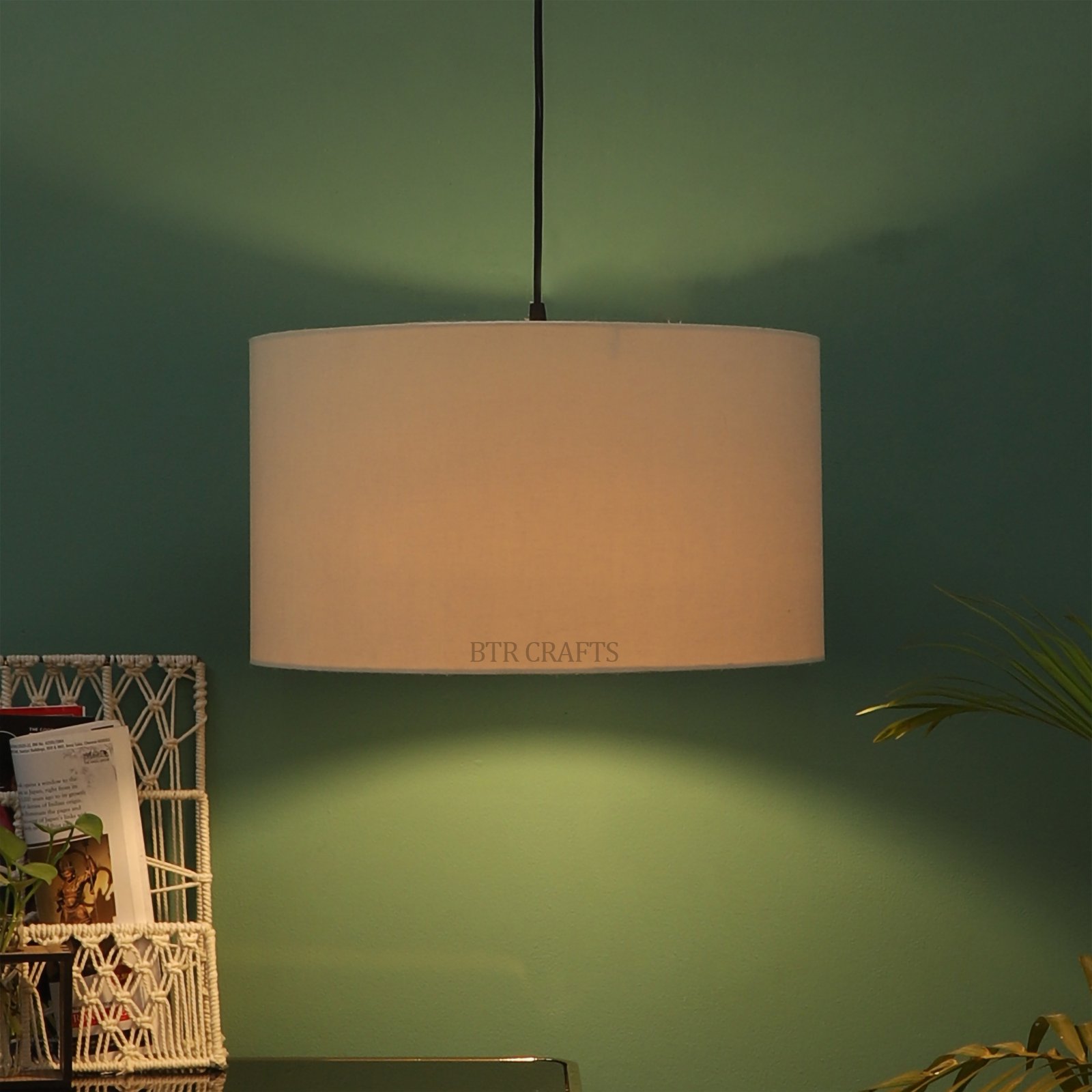20 Inches Pendant/Hanging Ceiling Light Fixture, Cream Drum Shade for Bedroom, Kitchen, Living Room, Dining Table, Lobby, Kitchen, Black Canopy