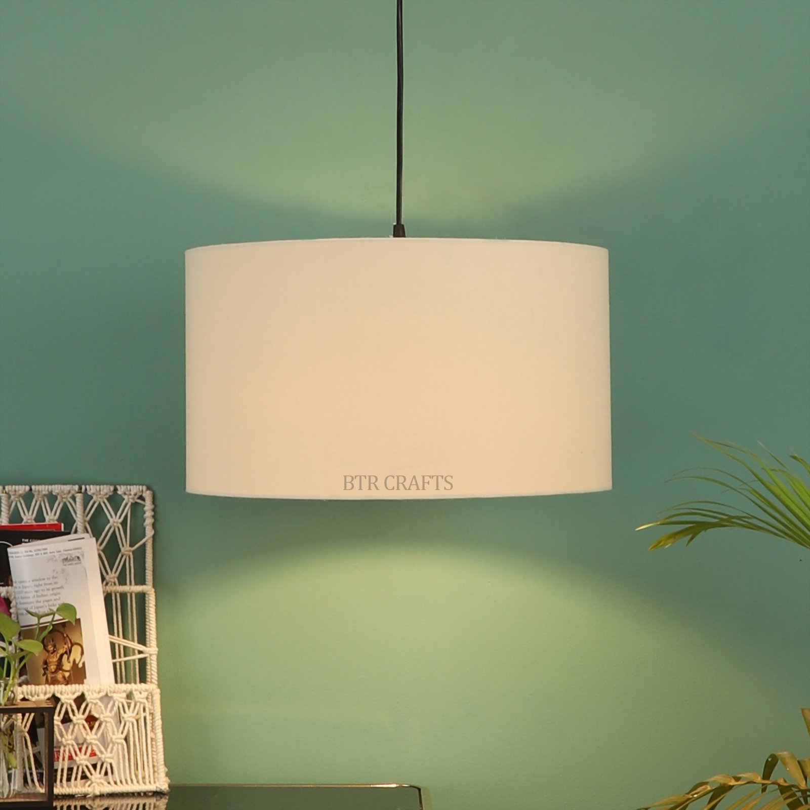 20 Inches Pendant/Hanging Ceiling Light Fixture, Cream Drum Shade for Bedroom, Kitchen, Living Room, Dining Table, Lobby, Kitchen, Black Canopy - Image 3