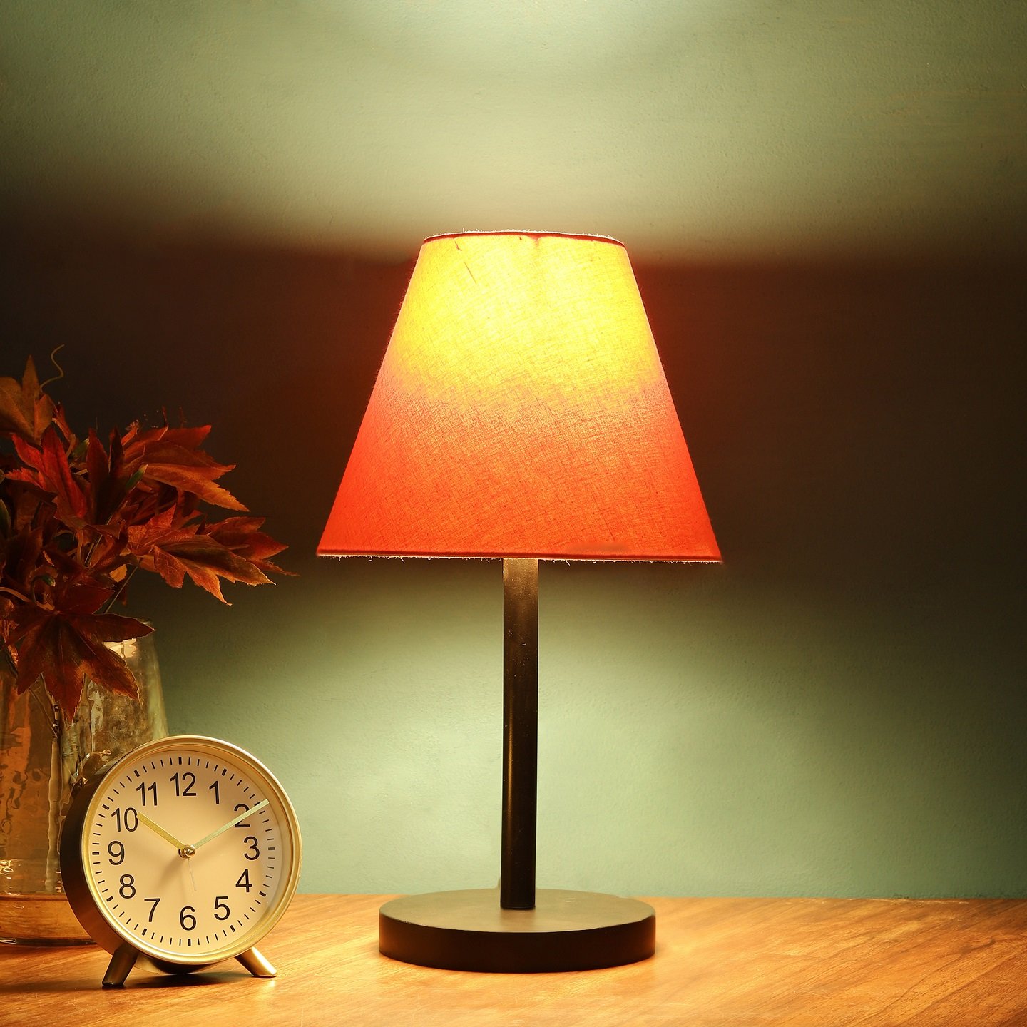 Raven Black Table Lamp Along With Orange Conical Shade For Bedroom, Office And Living Room