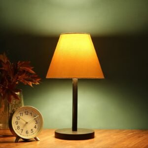 Raven Black Table Lamp Along With Dark Yellow Conical Shade For Bedroom, Office And Living Room