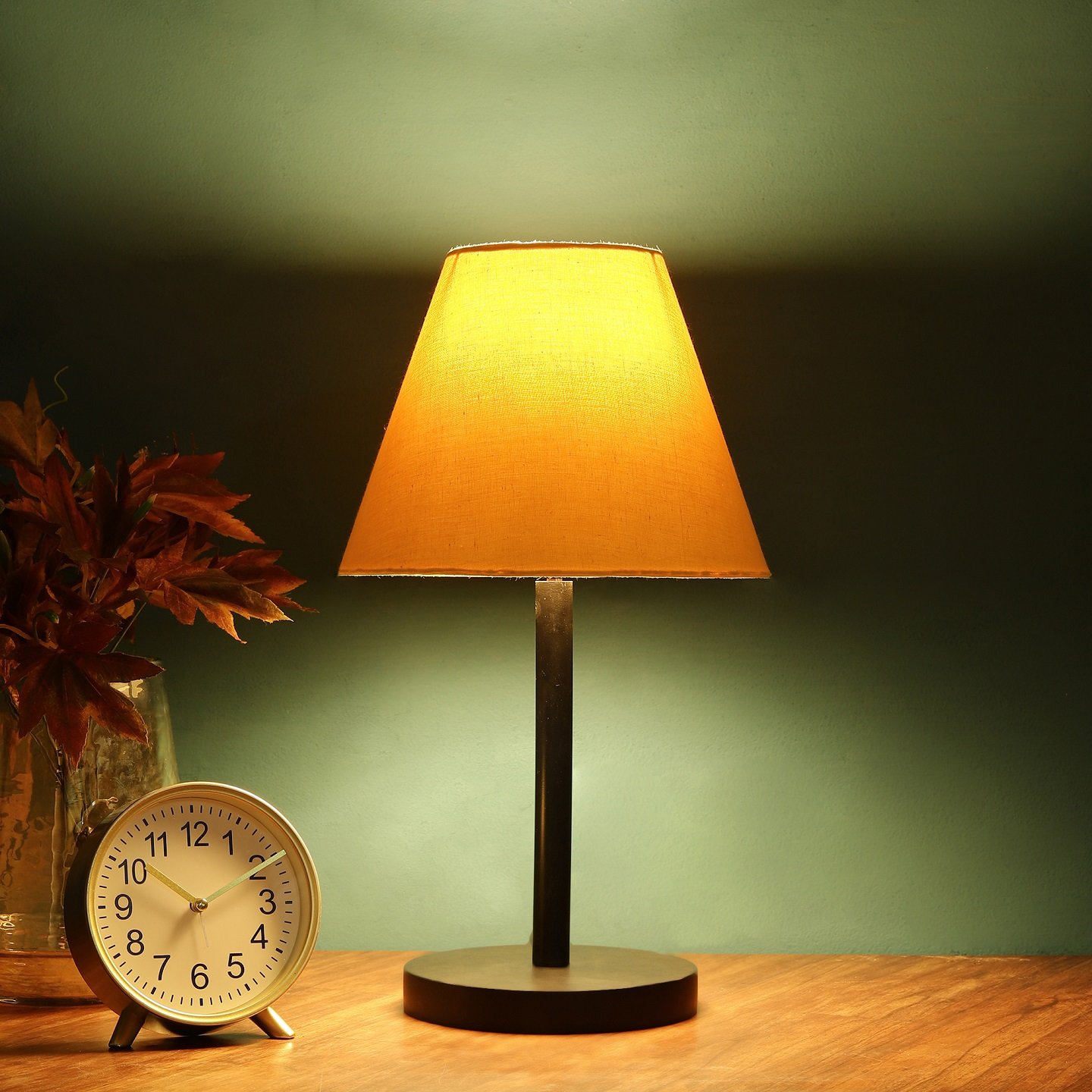 Raven Black Table Lamp Along With Dark Yellow Conical Shade For Bedroom, Office And Living Room