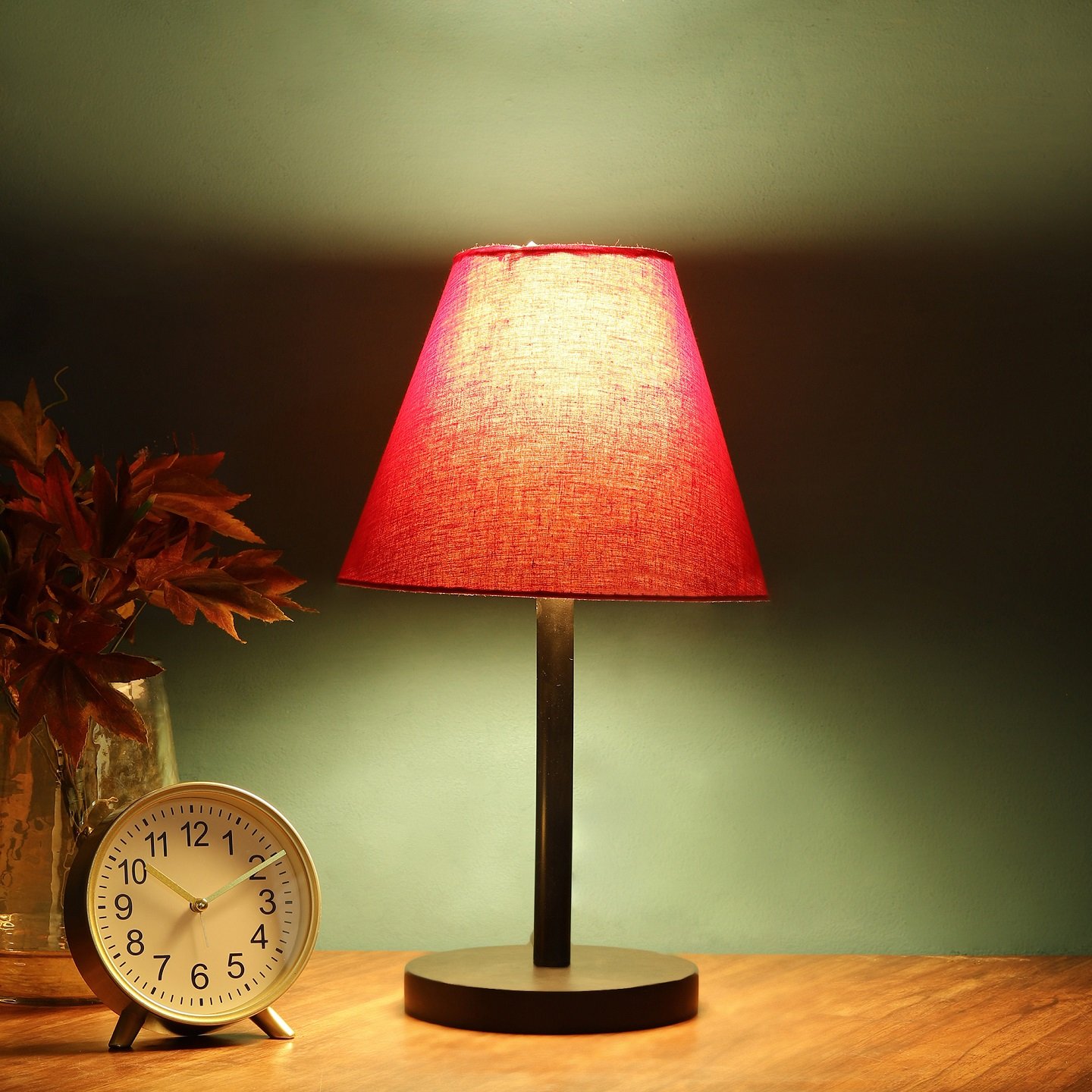 Raven Black Table Lamp Along With Red Conical Shade For Bedroom, Office And Living Room