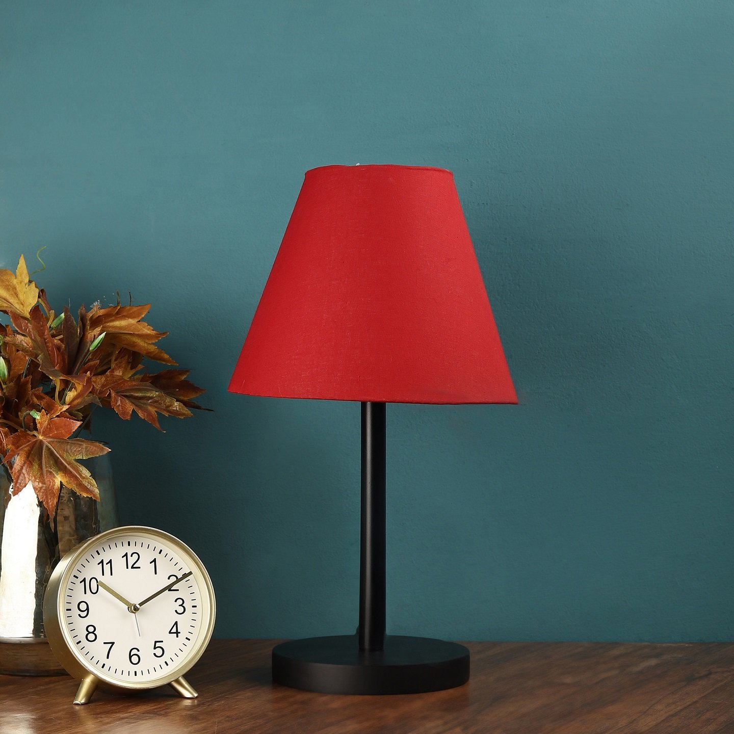 Raven Black Table Lamp Along With Red Conical Shade For Bedroom, Office And Living Room - Image 2