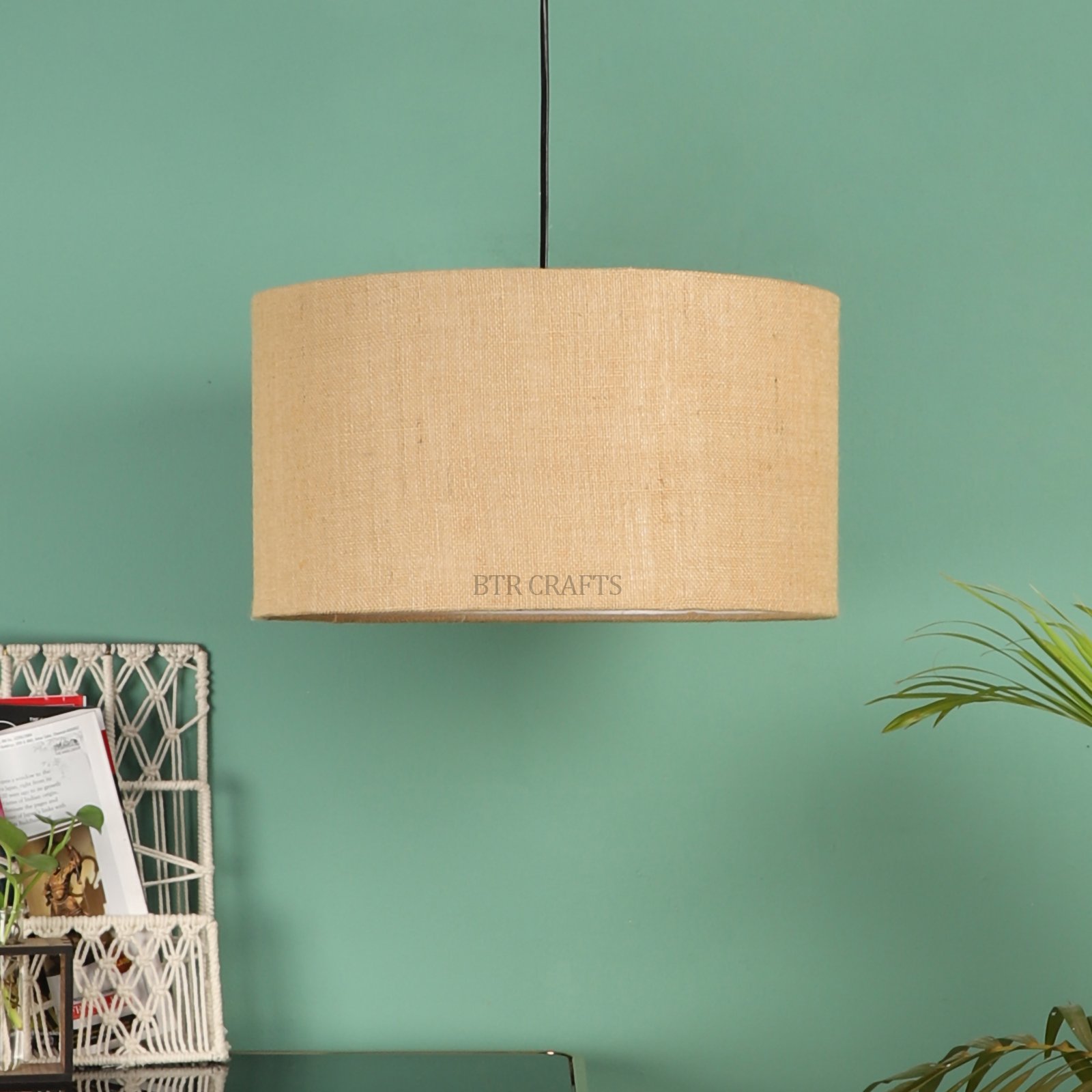 20 Inches Pendant/Hanging Ceiling Light Fixture, Natural Jute Drum Shade for Bedroom, Kitchen, Living Room, Dining Table, Lobby, Kitchen, Black Canopy - Image 3