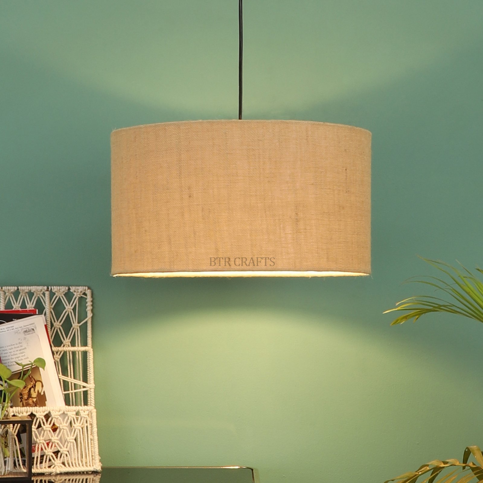 20 Inches Pendant/Hanging Ceiling Light Fixture, Natural Jute Drum Shade for Bedroom, Kitchen, Living Room, Dining Table, Lobby, Kitchen, Black Canopy - Image 2