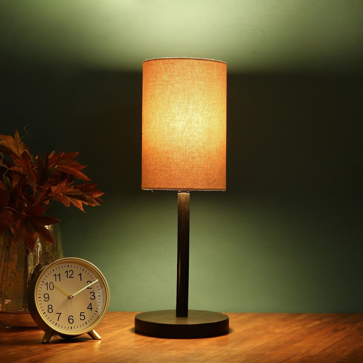 Raven Black Table Lamp Along With Beige Cylinder Shade For Bedroom, Office And Living Room