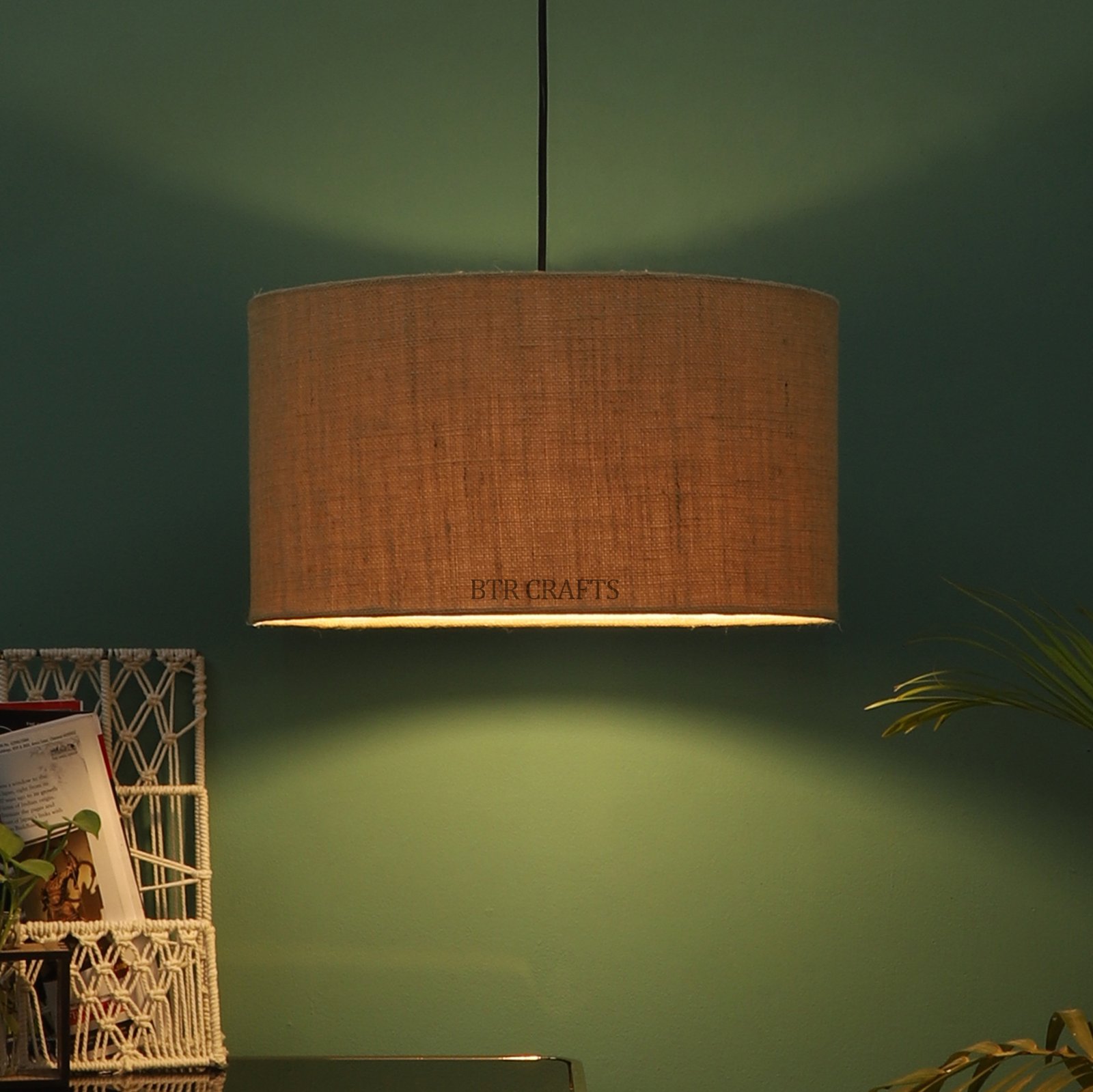 18 Inches Pendant/Hanging Ceiling Light Fixture, Natural Jute Drum Shade, for Bedroom, Kitchen, Living Room, Dining Table, Lobby, Kitchen, Silver Canopy
