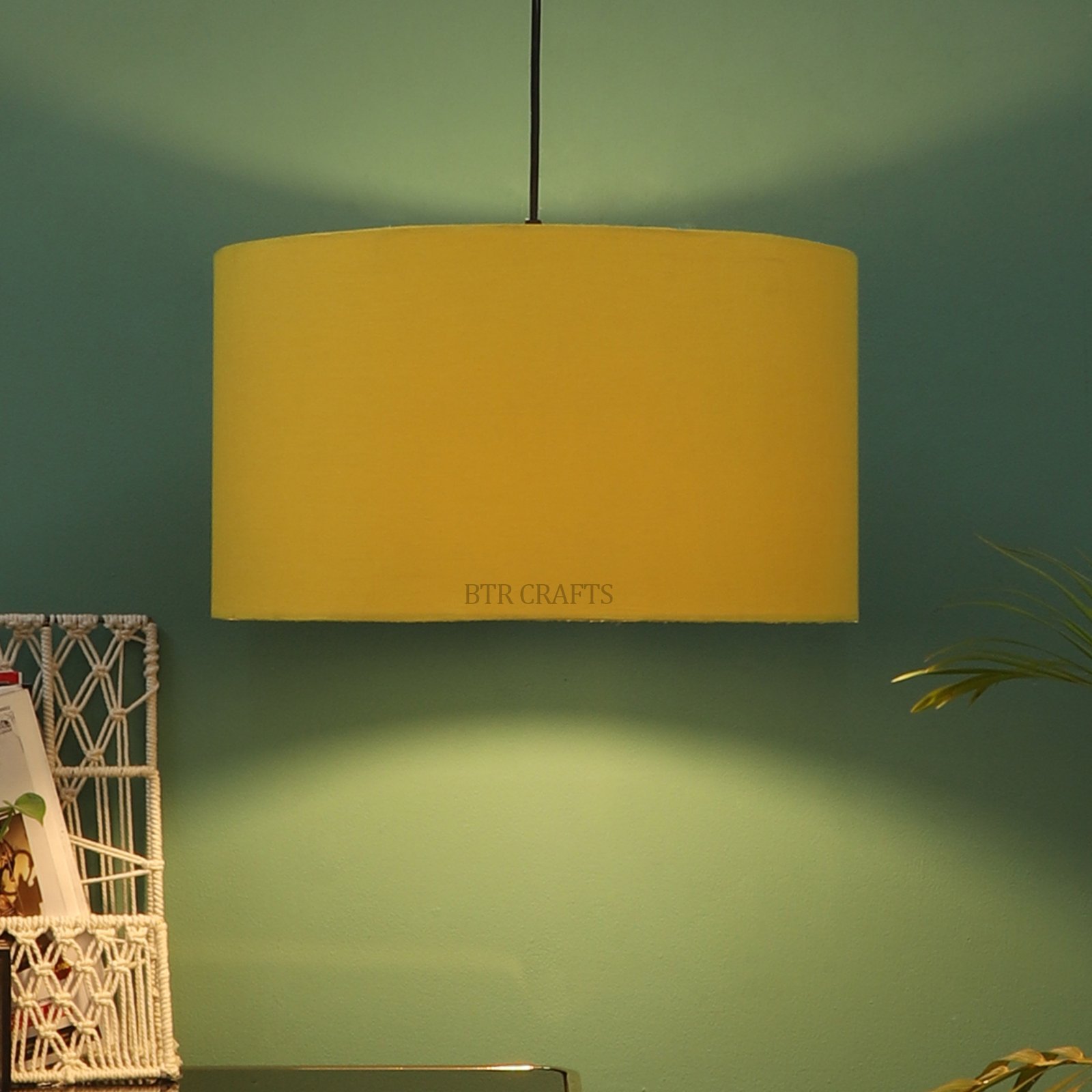 20 Inches Pendant/Hanging Ceiling Light Fixture, Dark Yellow Drum Shade for Bedroom, Kitchen, Living Room, Dining Table, Lobby, Kitchen, Black Canopy