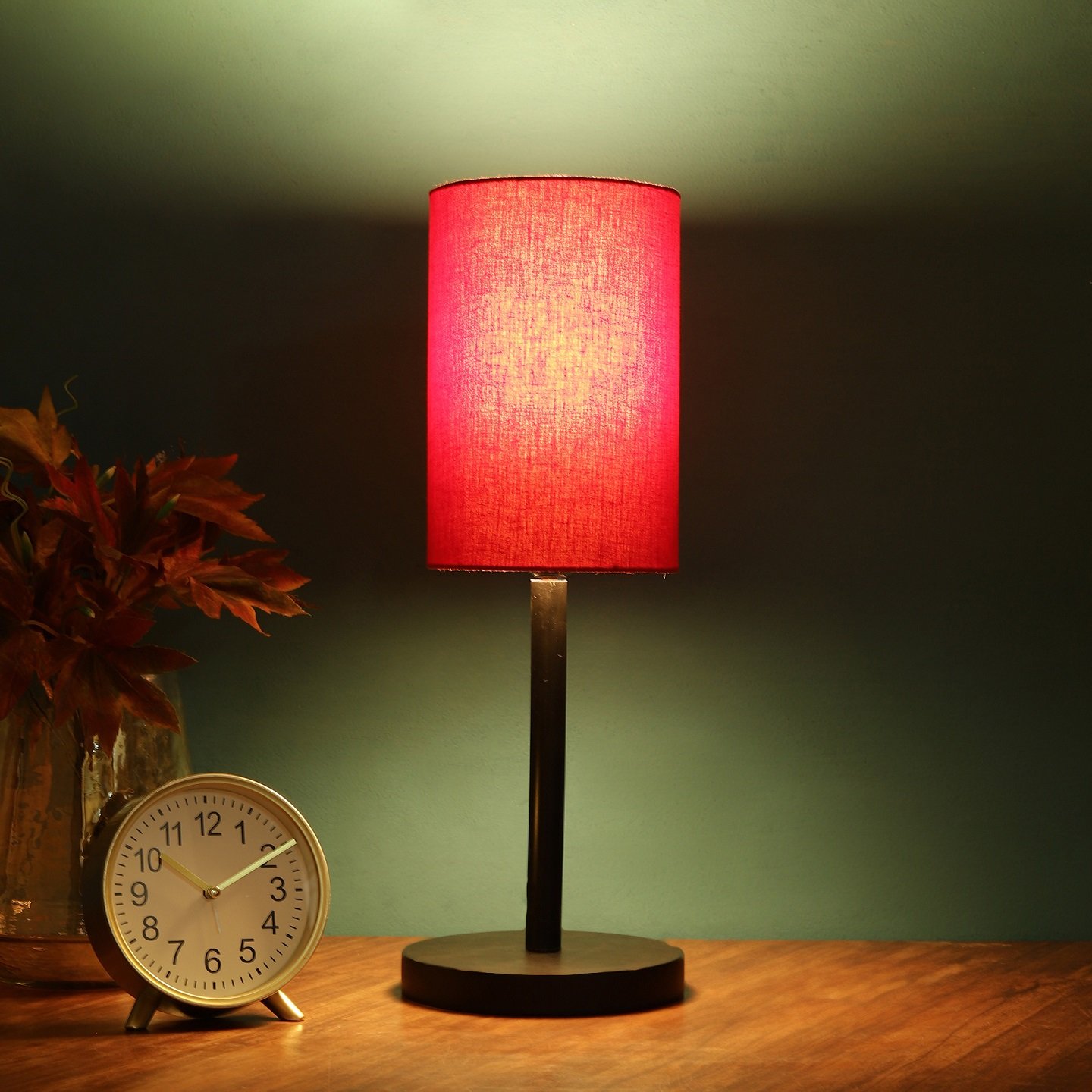 Raven Black Table Lamp Along With Red Cylinder Shade For Bedroom, Office And Living Room