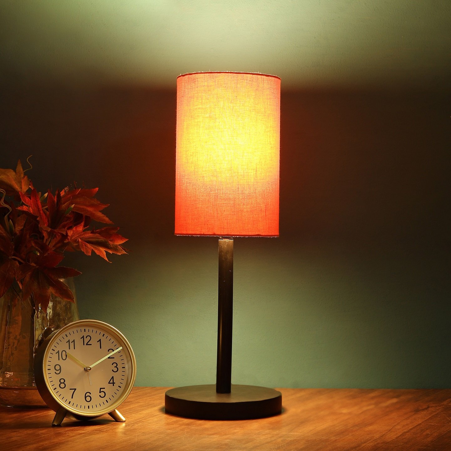 Raven Black Table Lamp Along With Orange Cylinder Shade For Bedroom, Office And Living Room