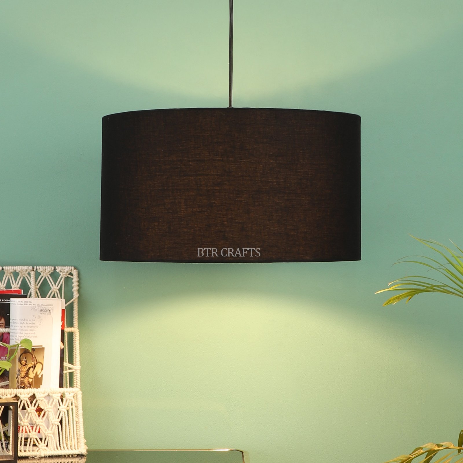 20 Inches Pendant/Hanging Ceiling Light Fixture, Black Drum Shade for Bedroom, Kitchen, Living Room, Dining Table, Lobby, Kitchen, Black Canopy - Image 2