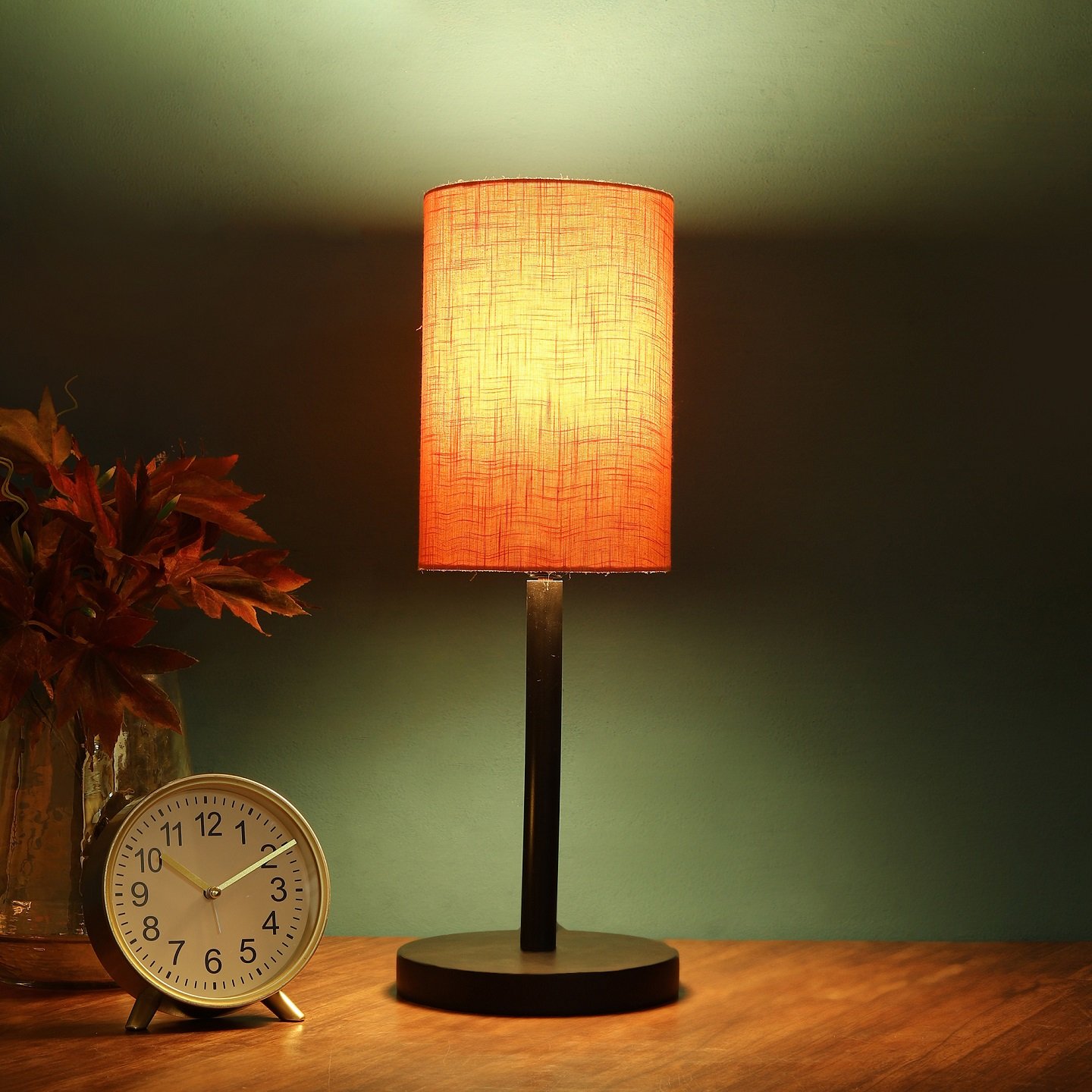 Raven Black Table Lamp Along With Orange Texture Cylinder Shade For Bedroom, Office And Living Room