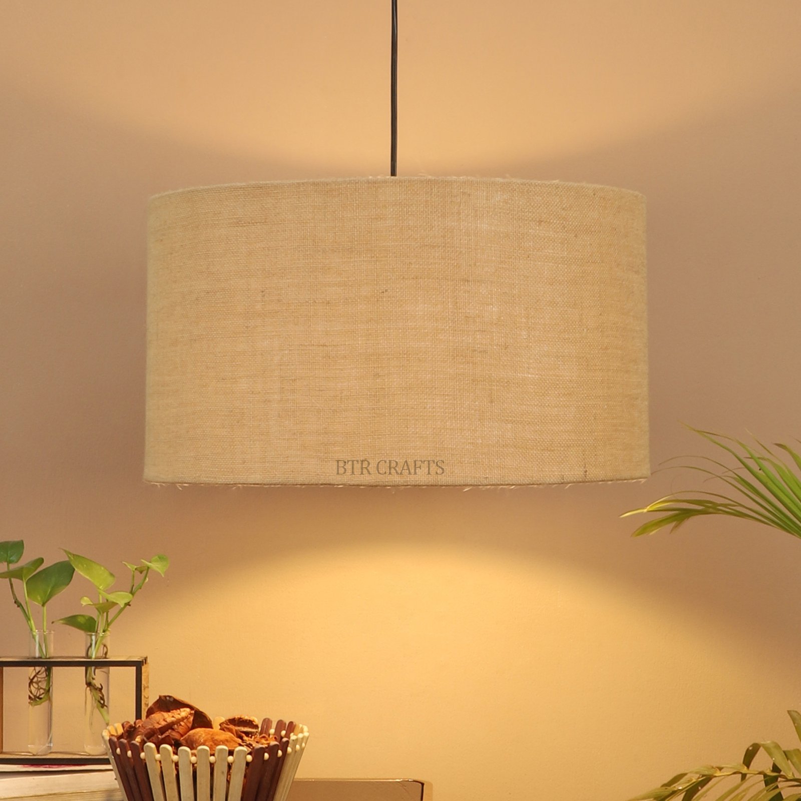 18 Inches Pendant/Hanging Ceiling Light Fixture, Natural Jute Drum Shade for Bedroom, Kitchen, Living Room, Dining Table, Lobby, Kitchen, Black Canopy - Image 2