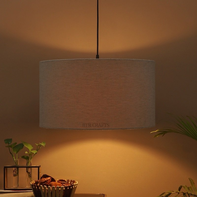 16 Inches Pendant/Hanging Ceiling Light Fixture, Beige Drum Shade, for Bedroom, Kitchen, Living Room, Dining Table, Lobby, Kitchen, Silver Canopy