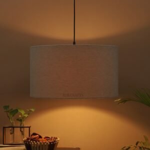16 Inches Pendant/Hanging Ceiling Light Fixture, Beige Drum Shade for Bedroom, Kitchen, Living Room, Dining Table, Lobby, Kitchen, Black Canopy