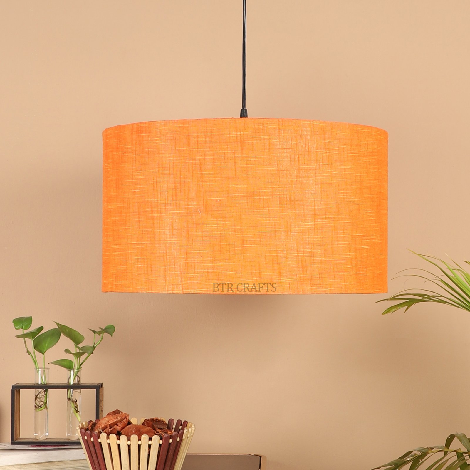 18 Inches Pendant/Hanging Ceiling Light Fixture, Orange Texture Drum Shade for Bedroom, Kitchen, Living Room, Dining Table, Lobby, Kitchen, Black Canopy - Image 3