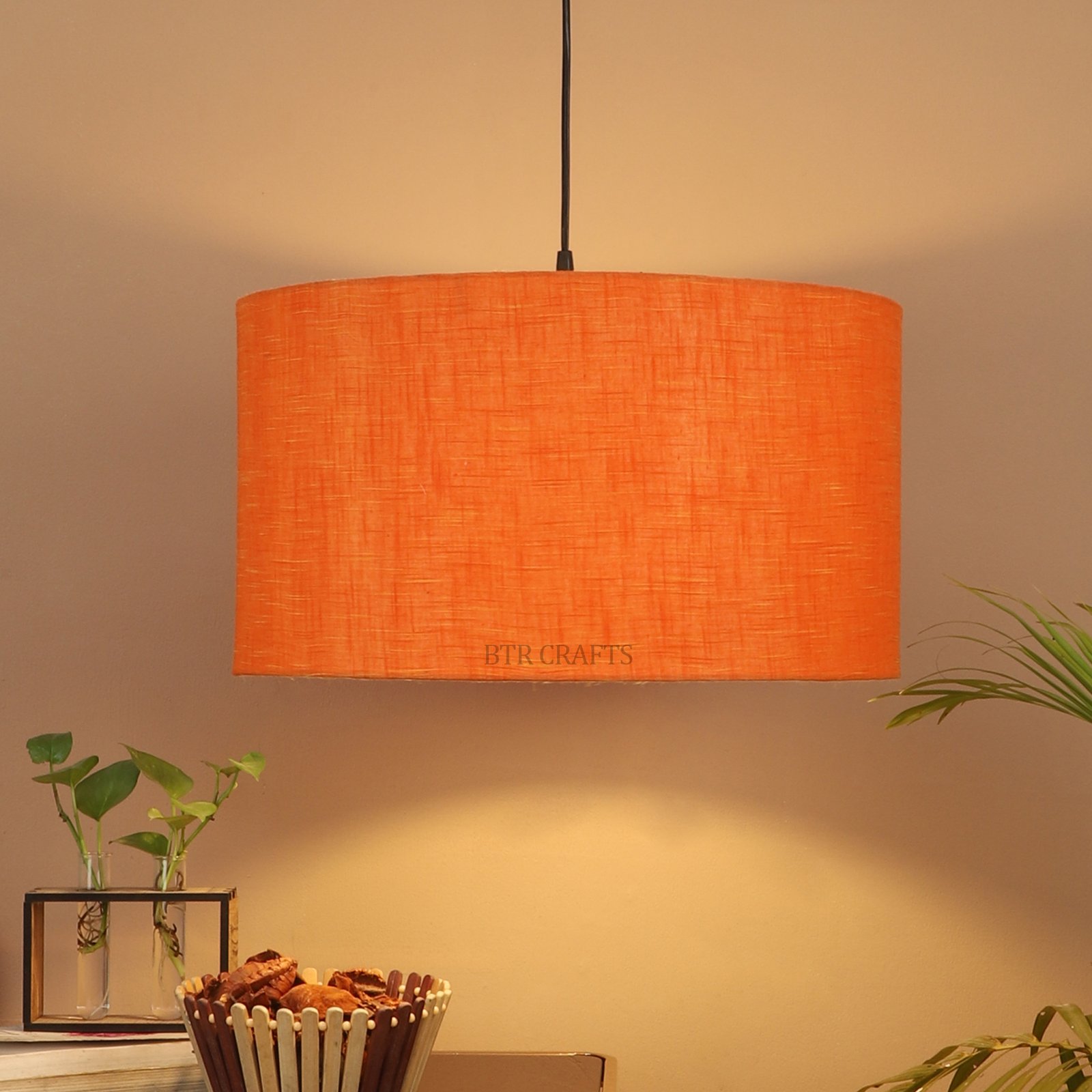 18 Inches Pendant/Hanging Ceiling Light Fixture, Orange Texture Drum Shade for Bedroom, Kitchen, Living Room, Dining Table, Lobby, Kitchen, Black Canopy - Image 2