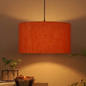 16 Inches Pendant/Hanging Ceiling Light Fixture, Orange Texture Drum Shade for Bedroom, Kitchen, Living Room, Dining Table, Lobby, Kitchen, Black Canopy