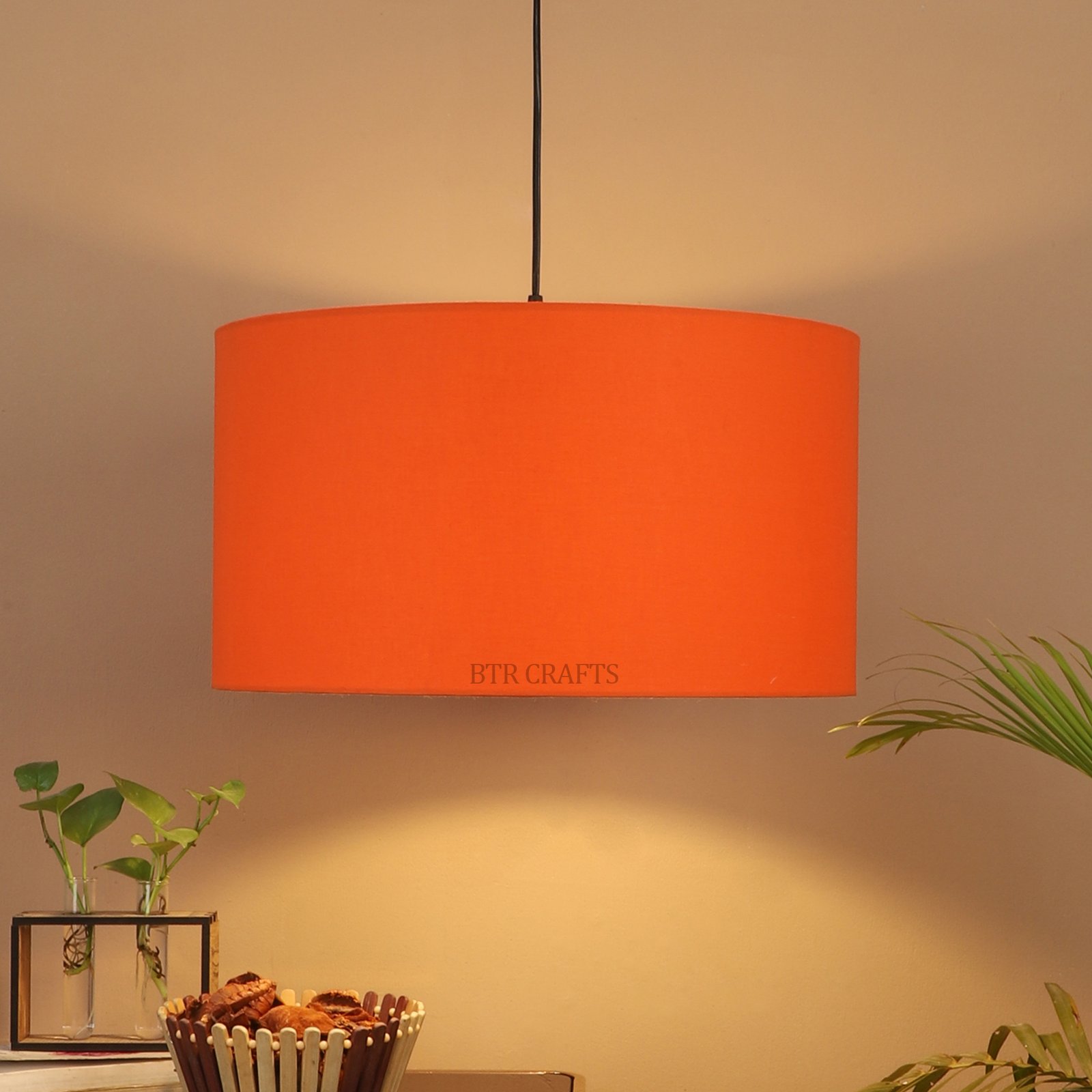 20 Inches Pendant/Hanging Ceiling Light Fixture, Orange Drum Shade for Bedroom, Kitchen, Living Room, Dining Table, Lobby, Kitchen, Black Canopy - Image 2