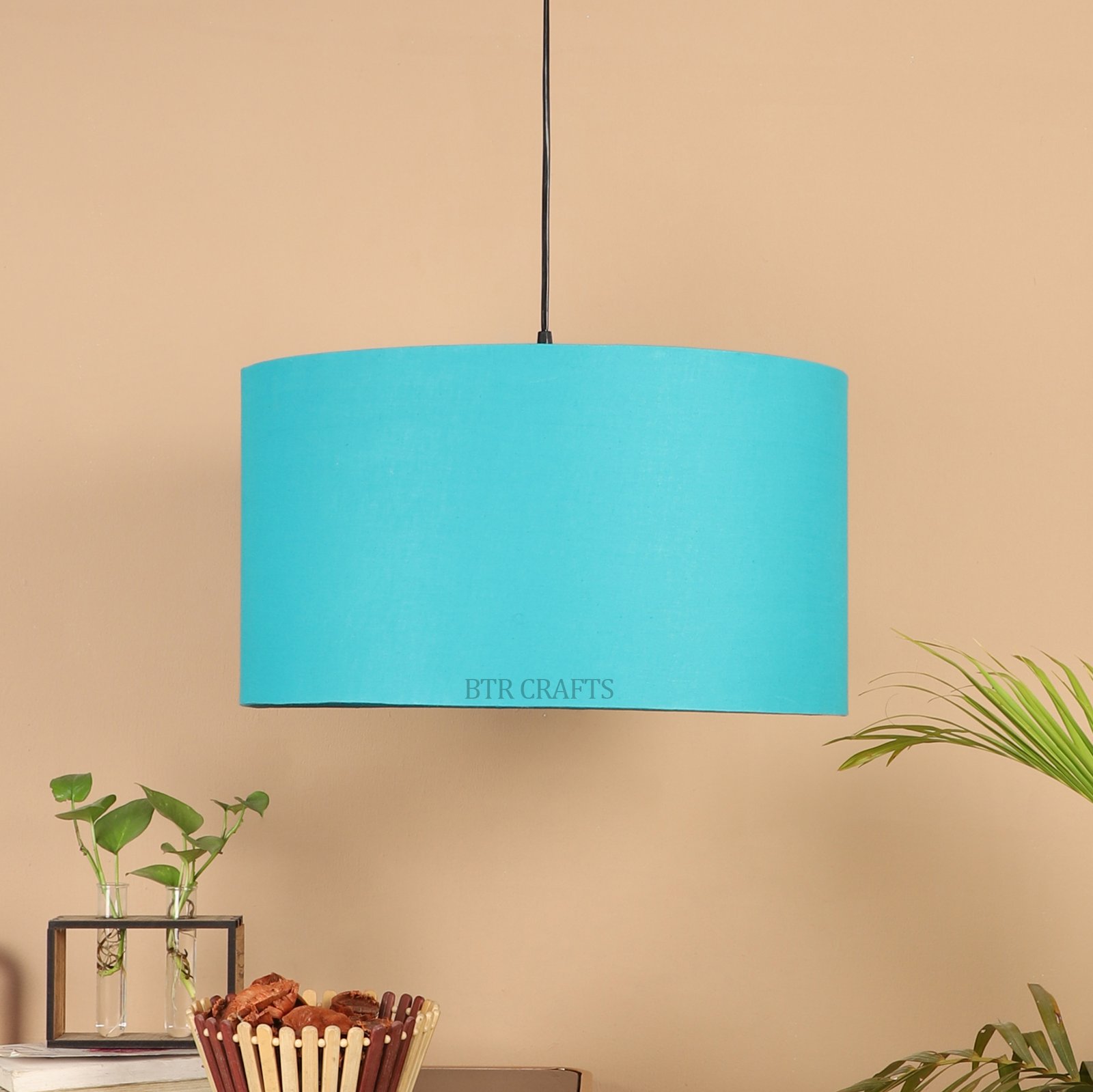 20 Inches Pendant/Hanging Ceiling Light Fixture, Teal Drum Shade for Bedroom, Kitchen, Living Room, Dining Table, Lobby, Kitchen, Black Canopy - Image 3