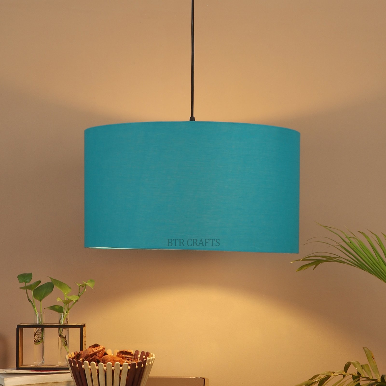 20 Inches Pendant/Hanging Ceiling Light Fixture, Teal Drum Shade for Bedroom, Kitchen, Living Room, Dining Table, Lobby, Kitchen, Black Canopy - Image 2