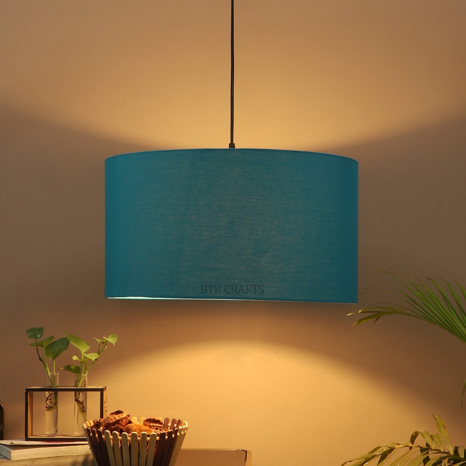 20 Inches Pendant/Hanging Ceiling Light Fixture, Teal Drum Shade, for Bedroom, Kitchen, Living Room, Dining Table, Lobby, Kitchen, Silver Canopy