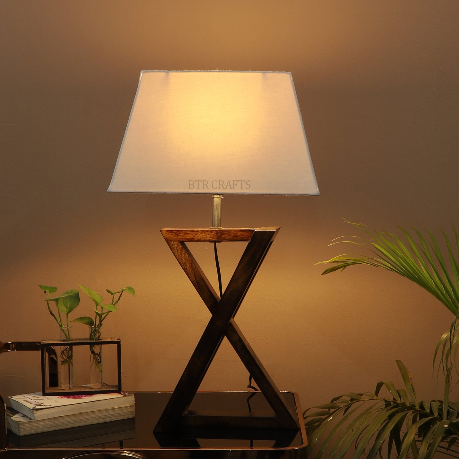 Natural Brown Wooden X-Cross Table Lamp Suitable For Bedroom Office And Living Room, Pack Of 1(Complete Set)