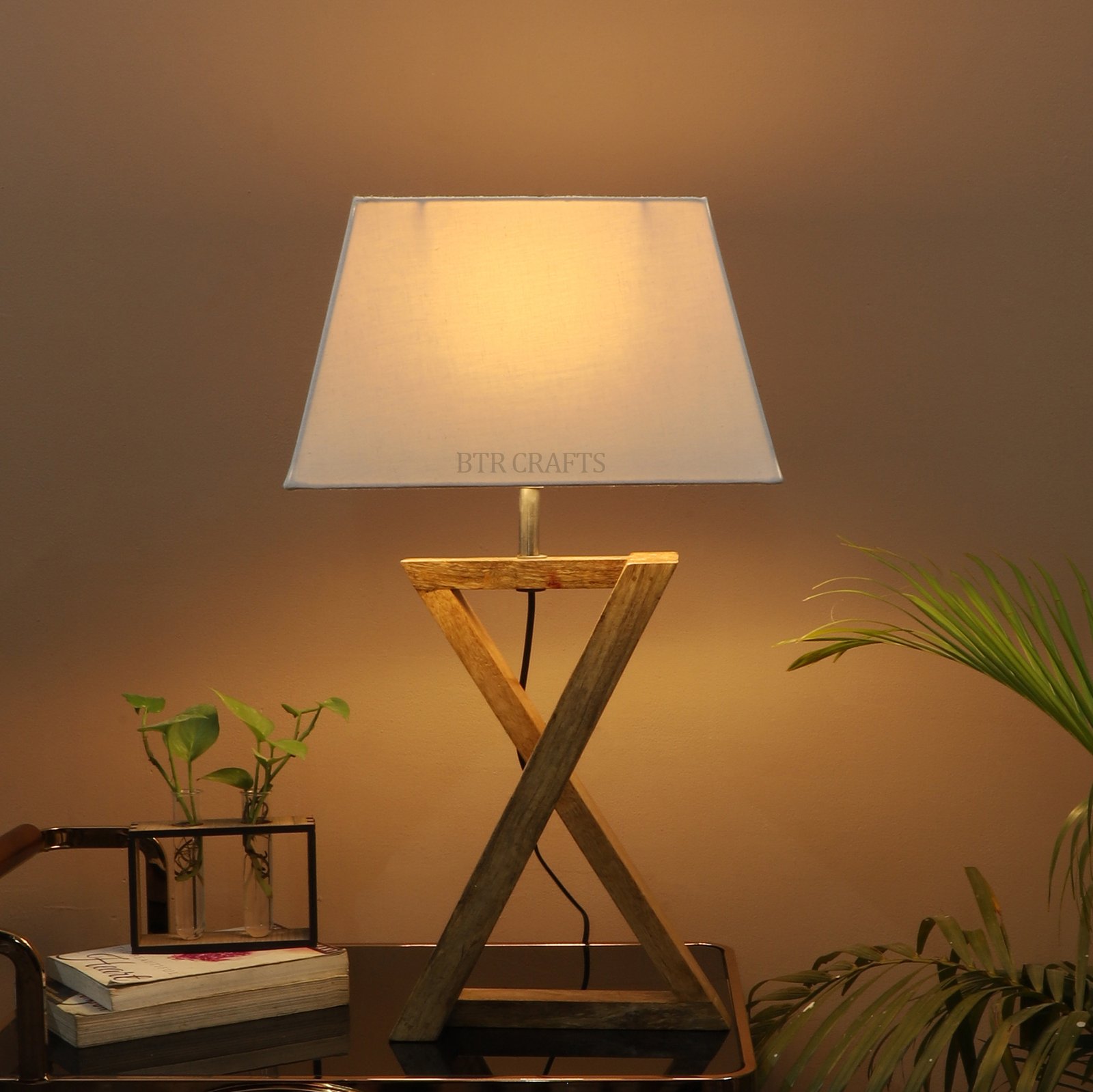 Natural Wood X-Cross Table Lamp Suitable For Bedroom Office And Living Room, Pack Of 1(Complete Set)