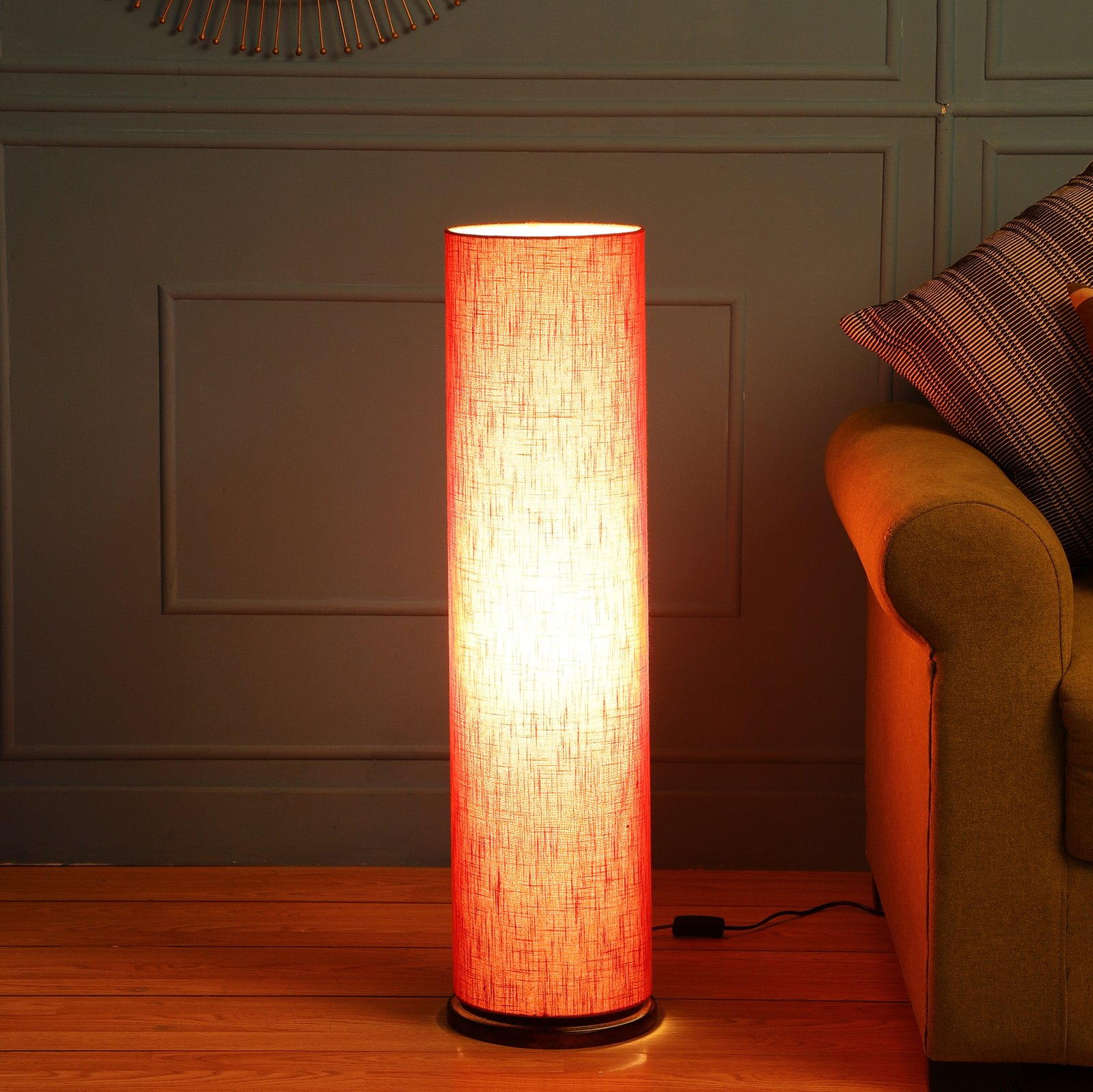 Wooden Base Cylinder Shape Corner Decorative Floor Lamp, Red Texture - Pack Of 1