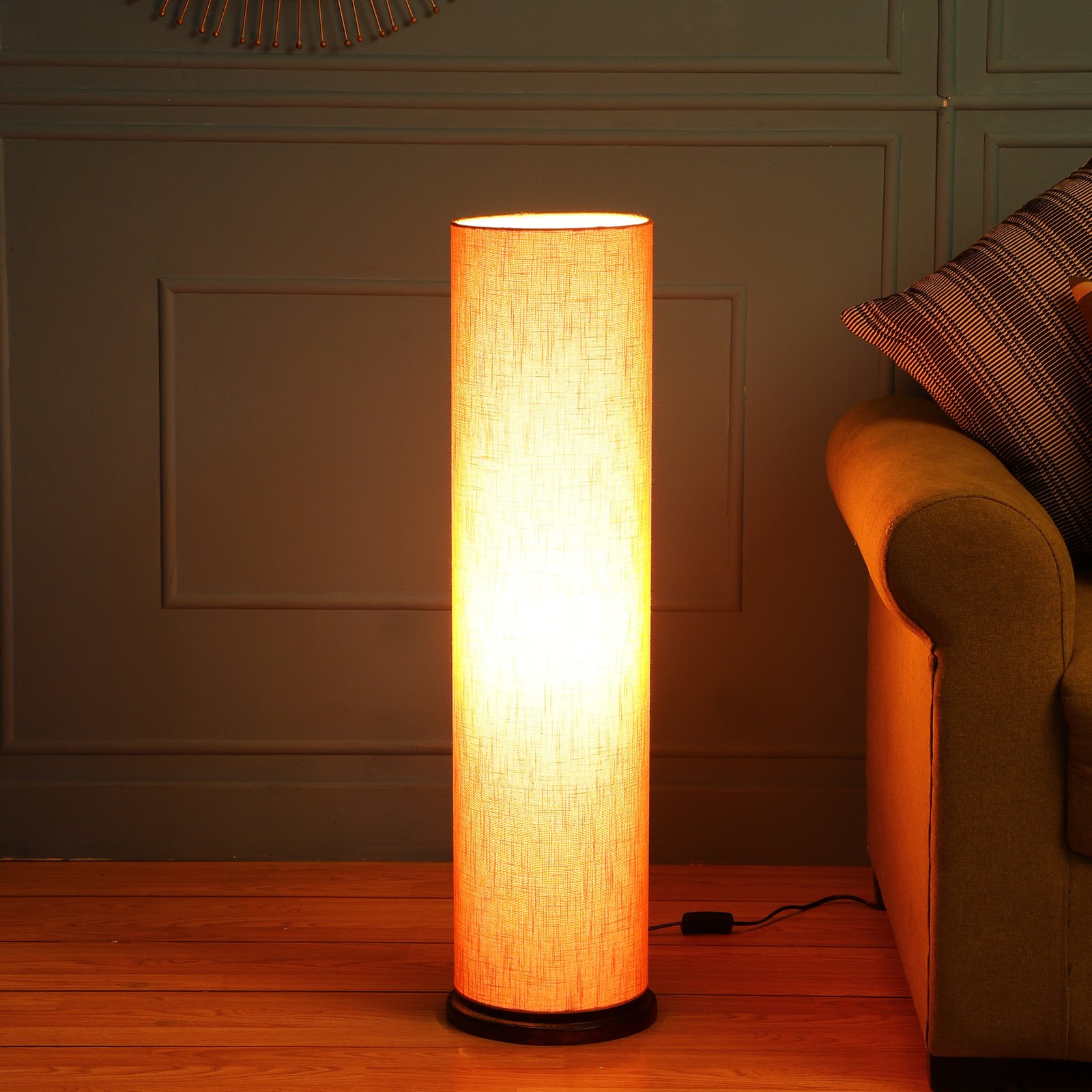 Wooden Base Cylinder Shape Corner Decorative Floor Lamp, Orange Texture - Pack Of 1
