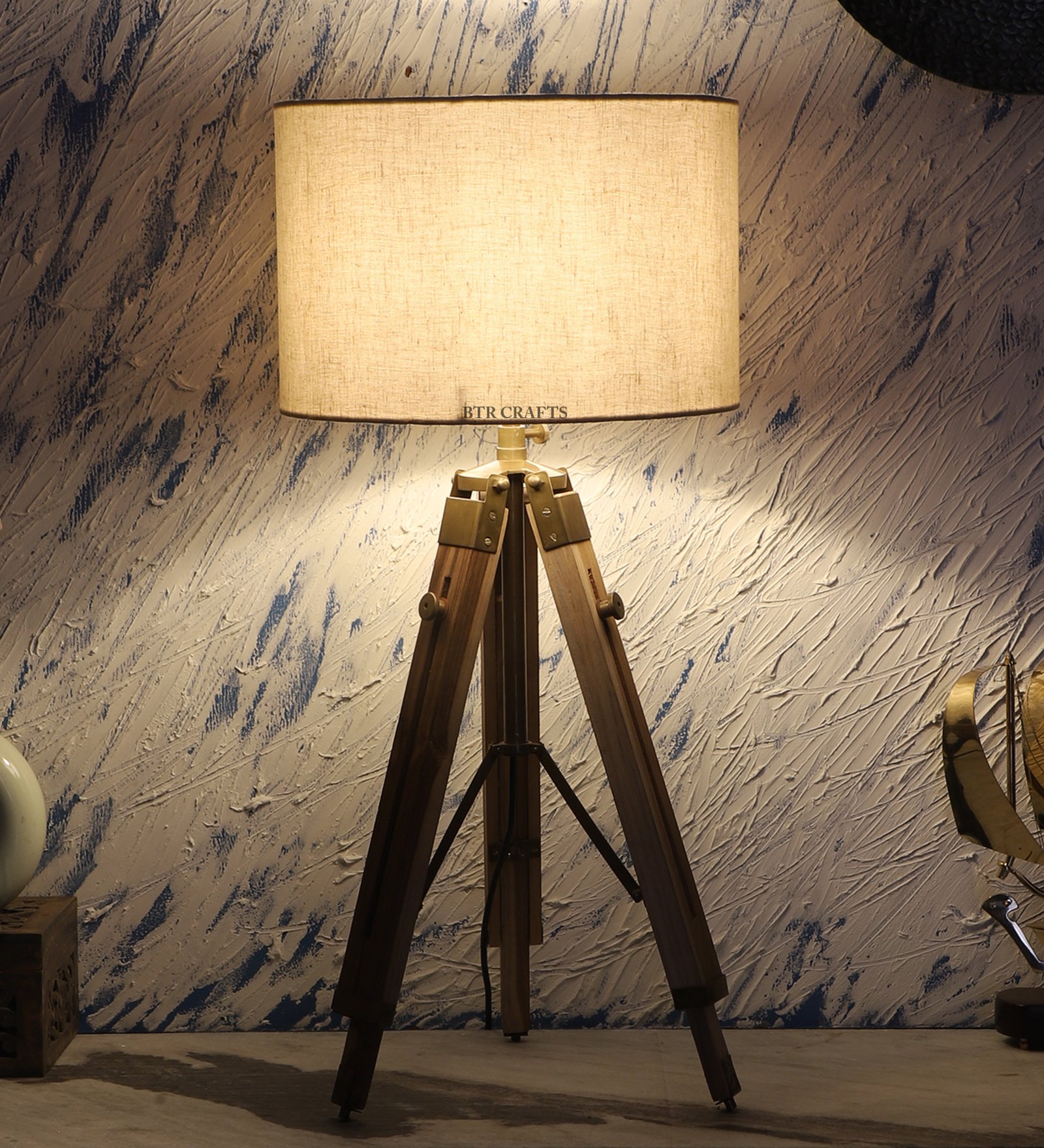 Natural Teak Wood Tripod Table Lamp, Modern Design Standing Lamp For Bedroom, Dining And Living Room