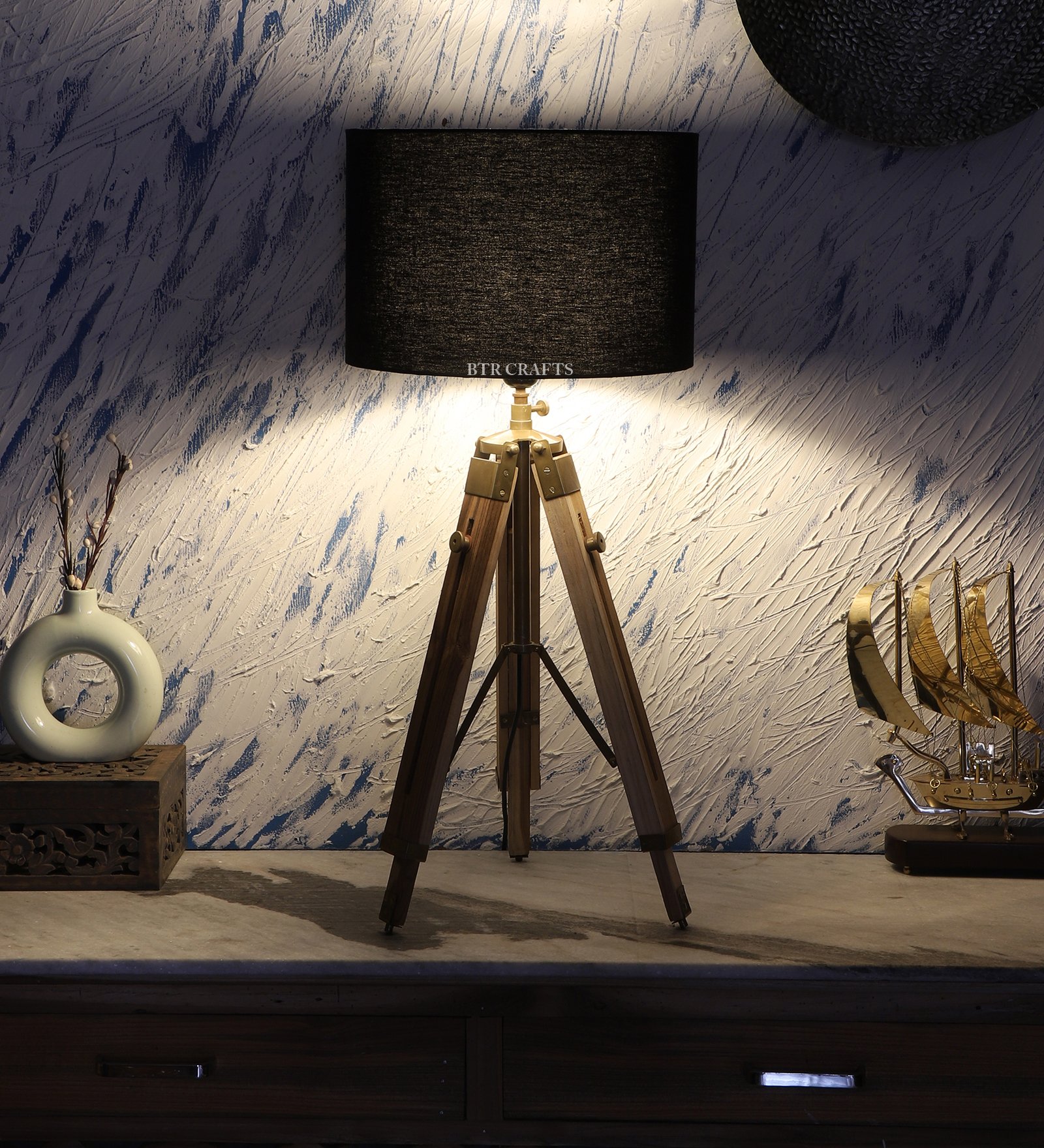 Natural Teak Wood Tripod Table Lamp, Modern Design Standing Lamp For Bedroom, Dining And Living Room