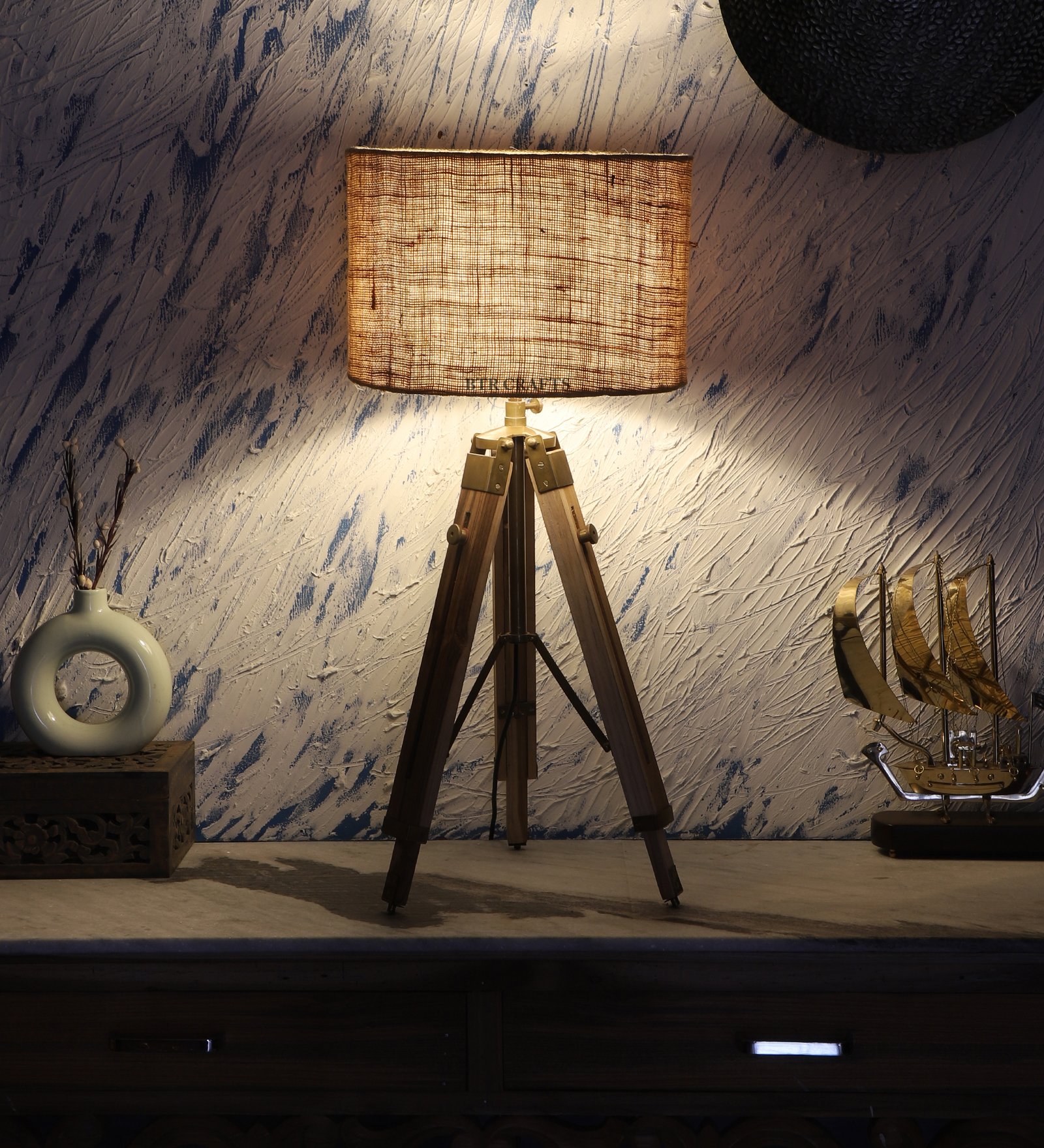 Natural Teak Wood Tripod Table Lamp, Modern Design Standing Lamp For Bedroom, Dining And Living Room