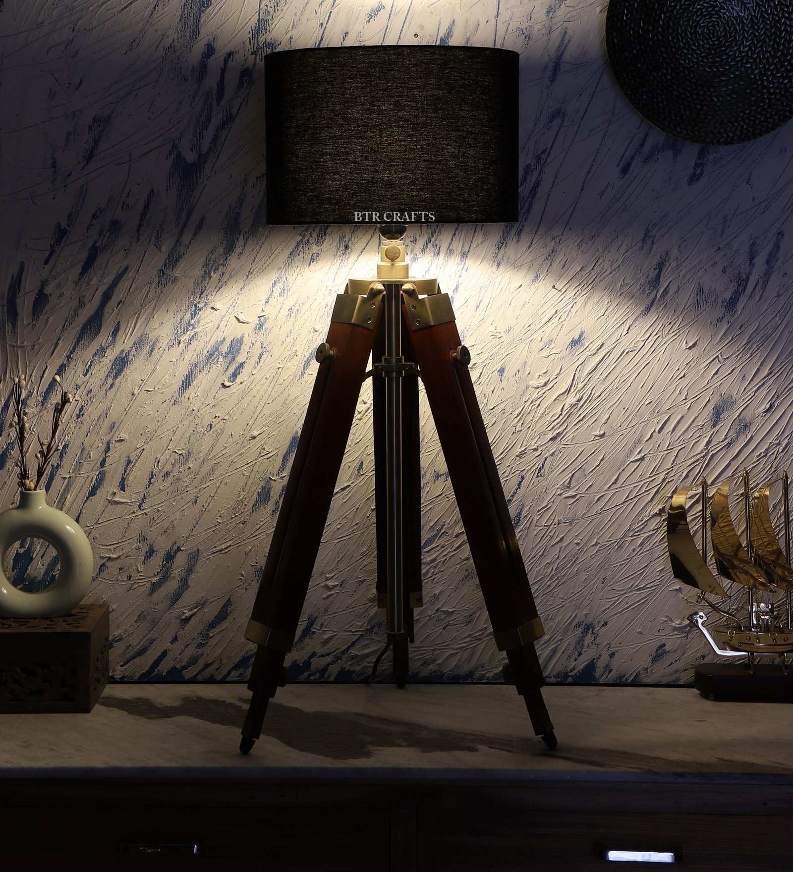Teak Wood Tripod Table Lamp, Modern Design Standing Lamp For Bedroom, Dining And Living Room