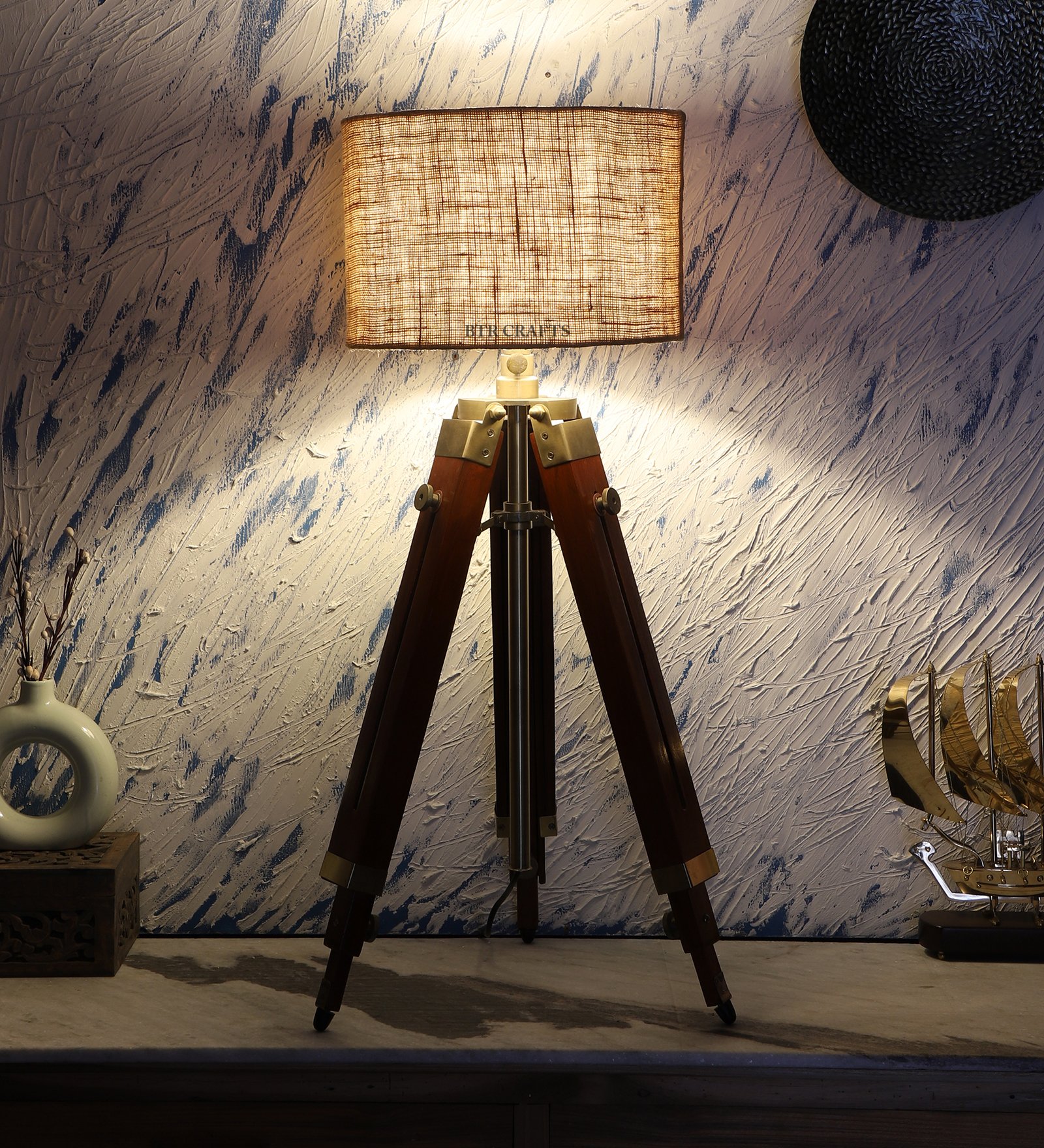 Teak Wood Tripod Table Lamp, Modern Design Standing Lamp For Bedroom, Dining And Living Room