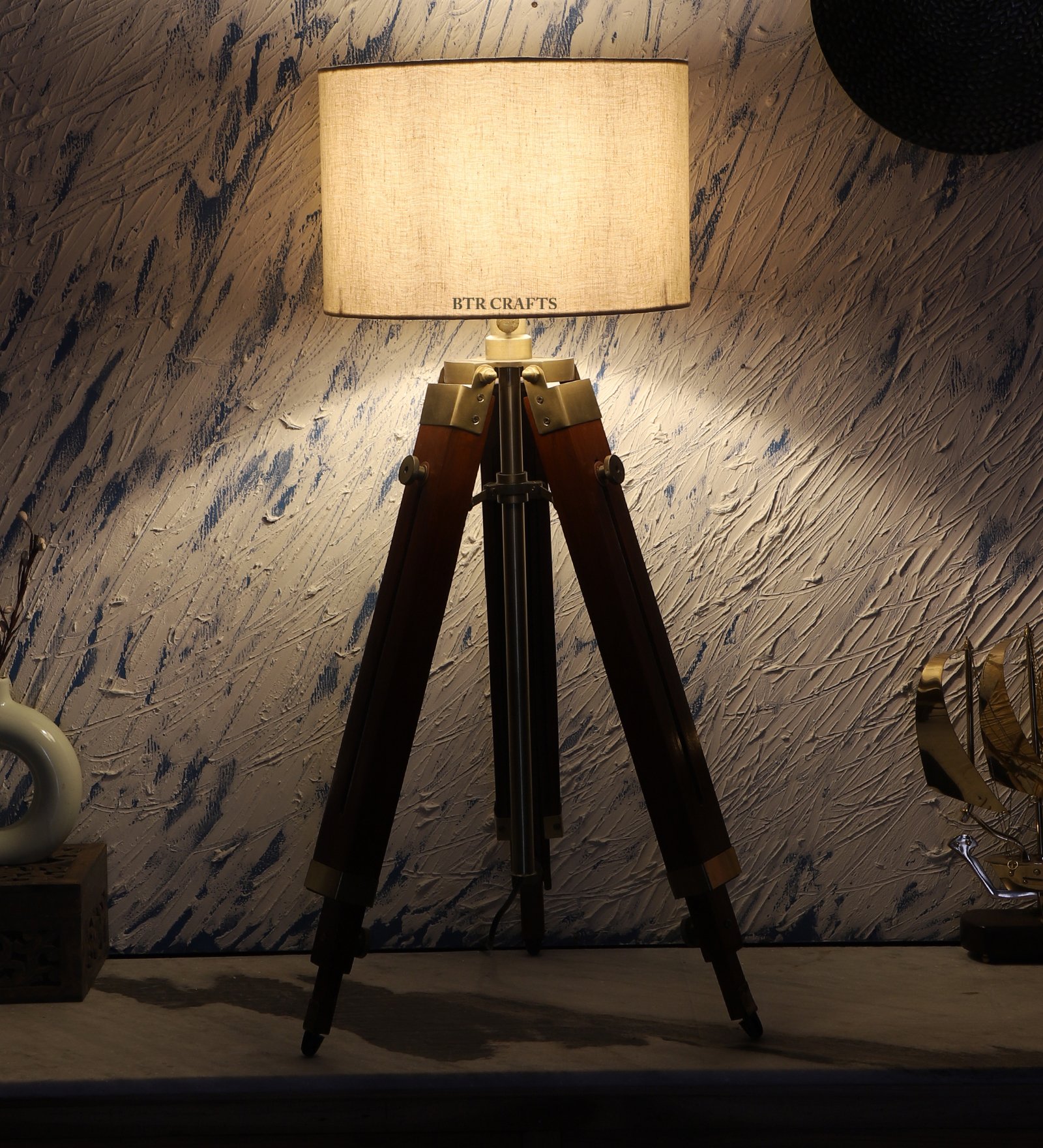 Teak Wood Tripod Table Lamp, Modern Design Standing Lamp For Bedroom, Dining And Living Room