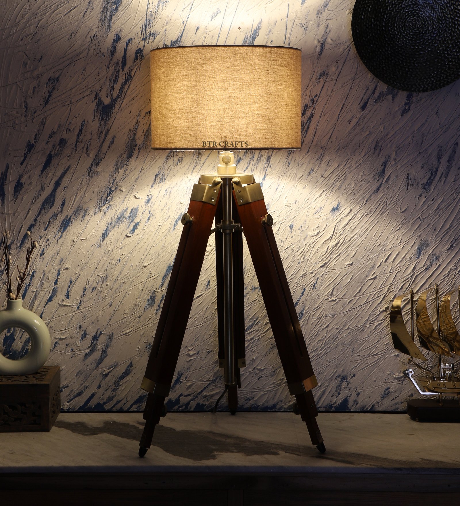 Teak Wood Tripod Table Lamp, Modern Design Standing Lamp For Bedroom, Dining And Living Room