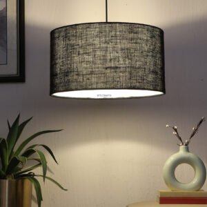 16 Inches Pendant/Hanging Ceiling Light Fixture, Black Jute Drum Shade, for Bedroom, Kitchen, Living Room, Dining Table, Lobby, Kitchen, Silver Canopy