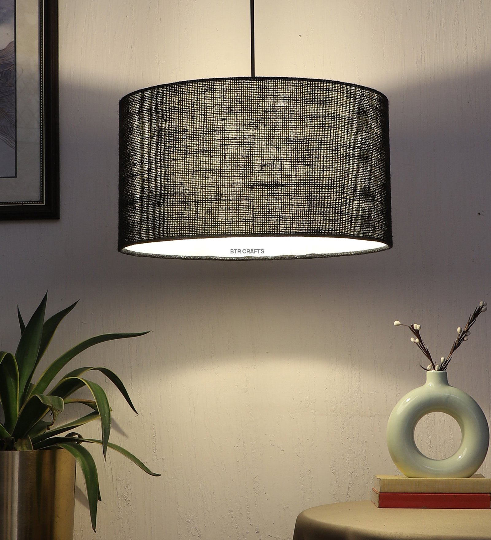 16 Inches Pendant/Hanging Ceiling Light Fixture, Black Jute Drum Shade, for Bedroom, Kitchen, Living Room, Dining Table, Lobby, Kitchen, Silver Canopy